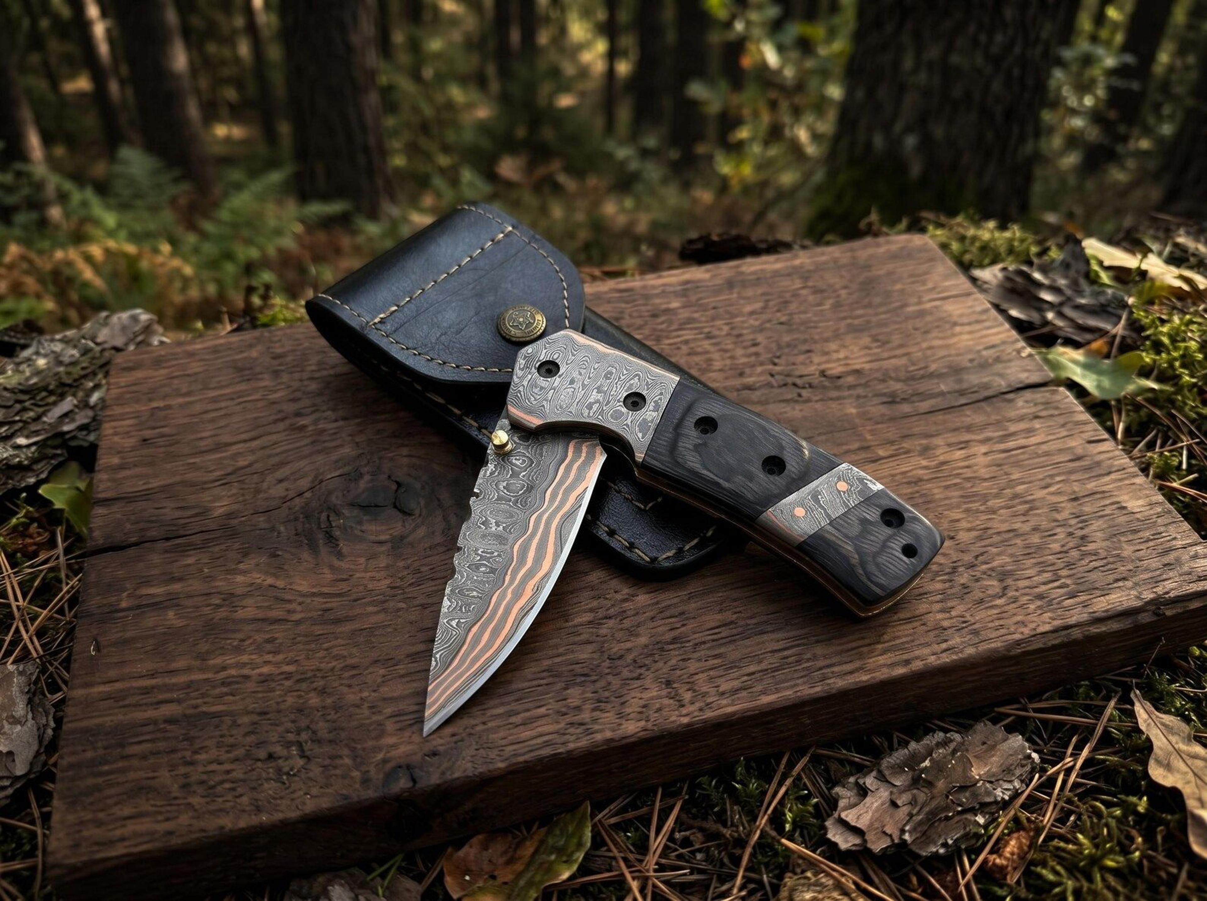 handmade damascus folding pocket knife | copper layer damascus blade with resin wood handle | custom edc knife & leather