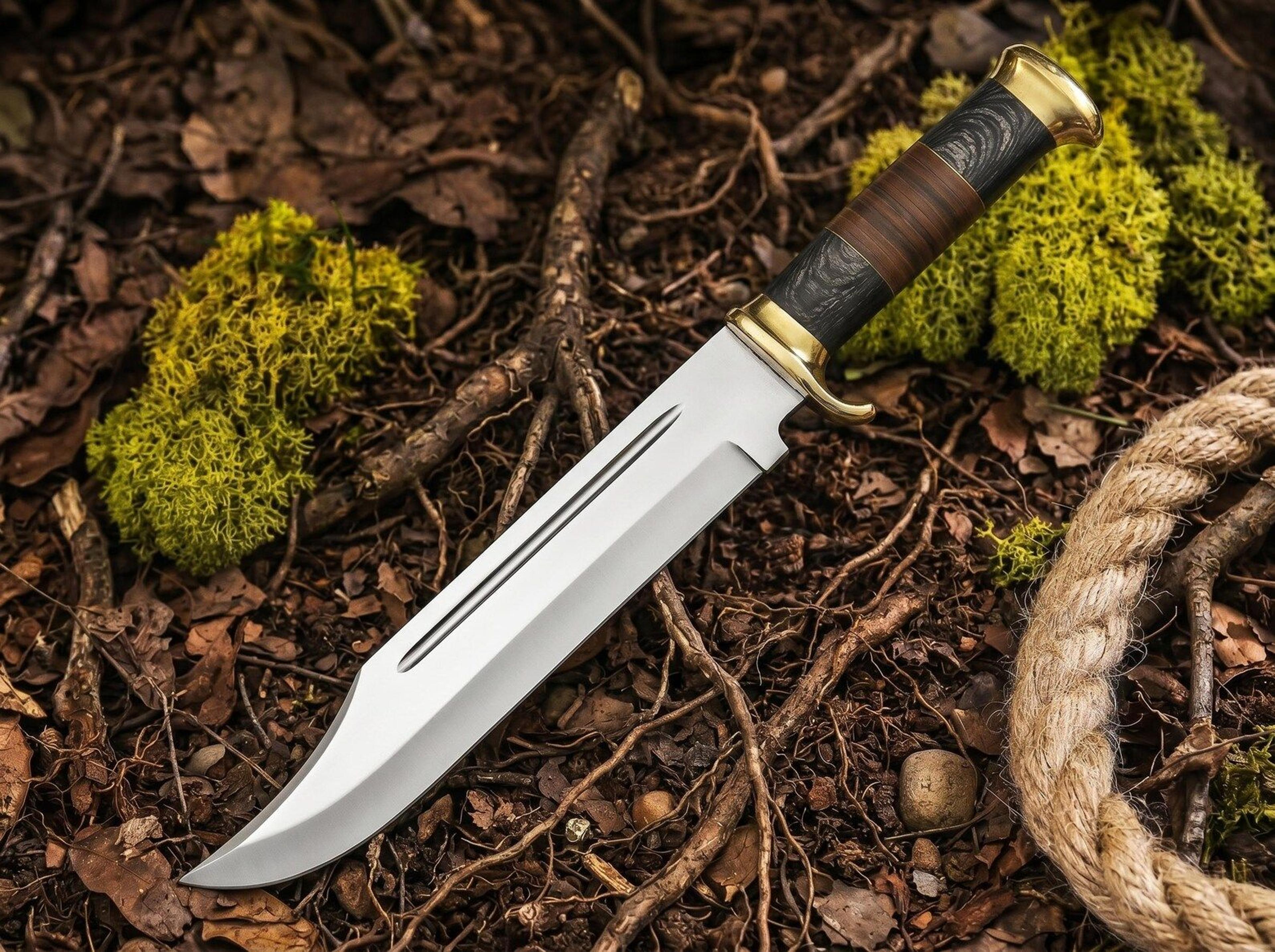 bowie hunting knife | stainless steel clip point fixed blade with leather handle & sheath | custom survival gift for men