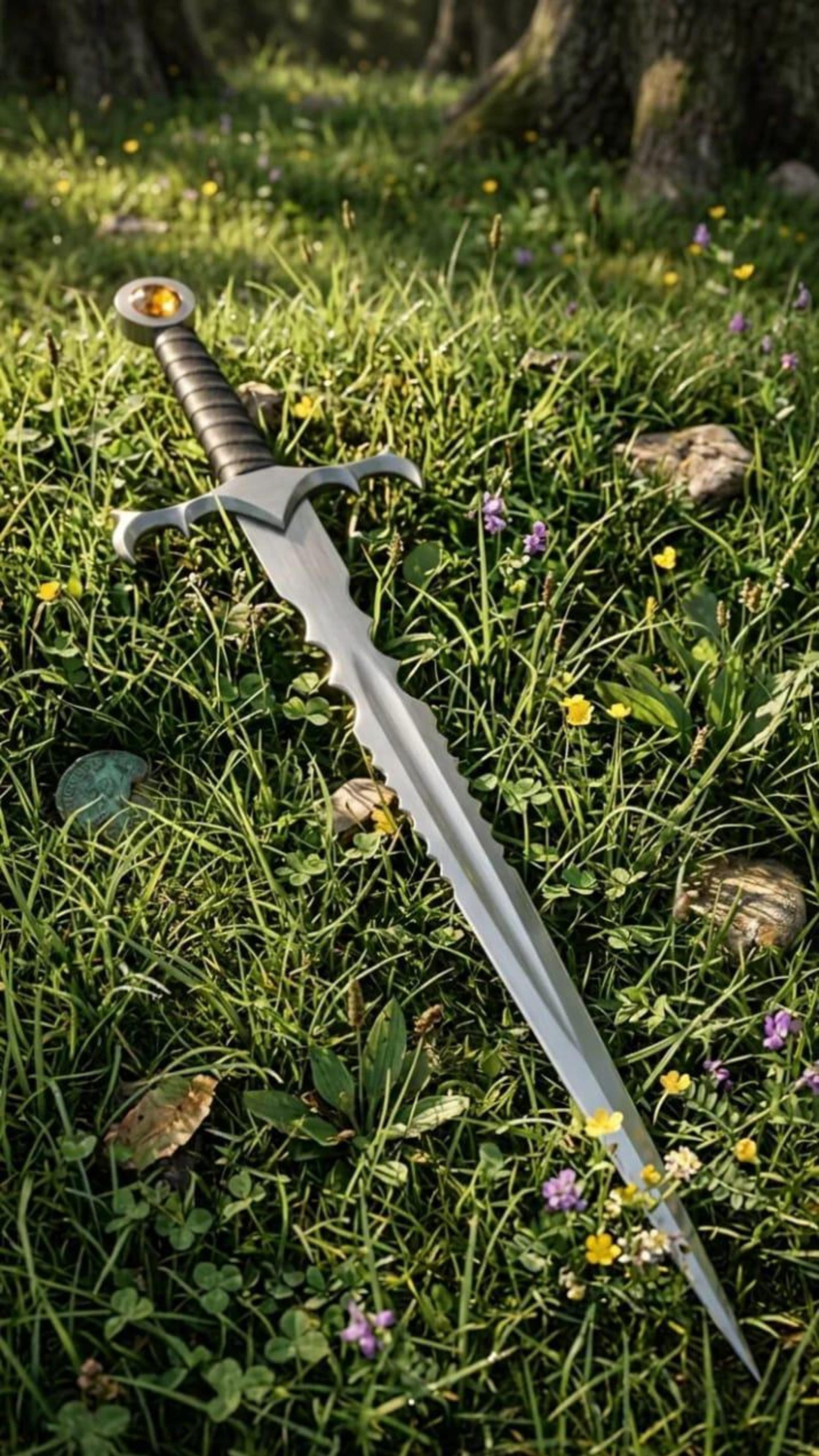 36in serrated fantasy longsword with steel blade, curved guard & ring pommel | dark medieval collector sword