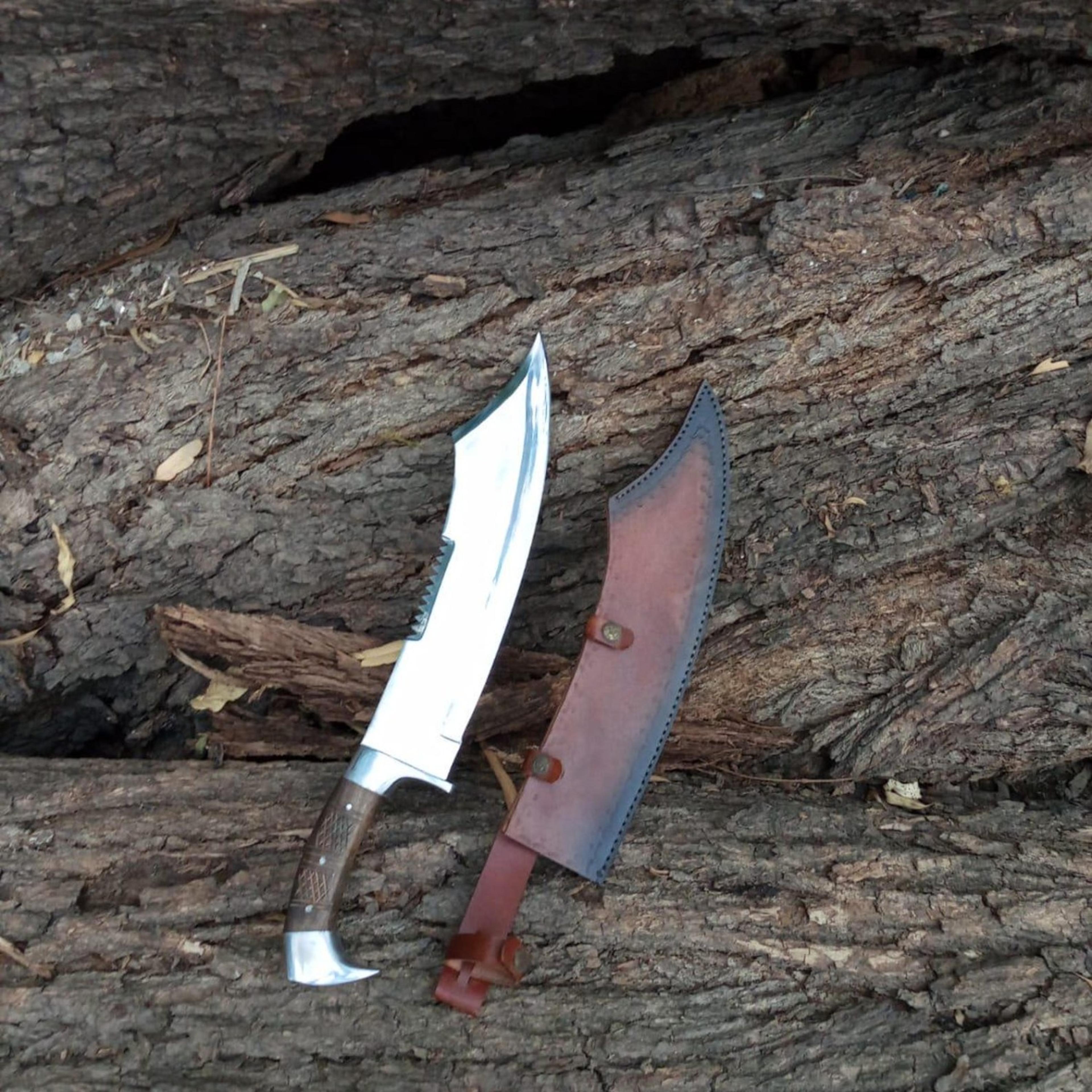 18in curved kukri bowie knife with polished steel blade, wood handle & brown leather sheath | handmade camp collector kn