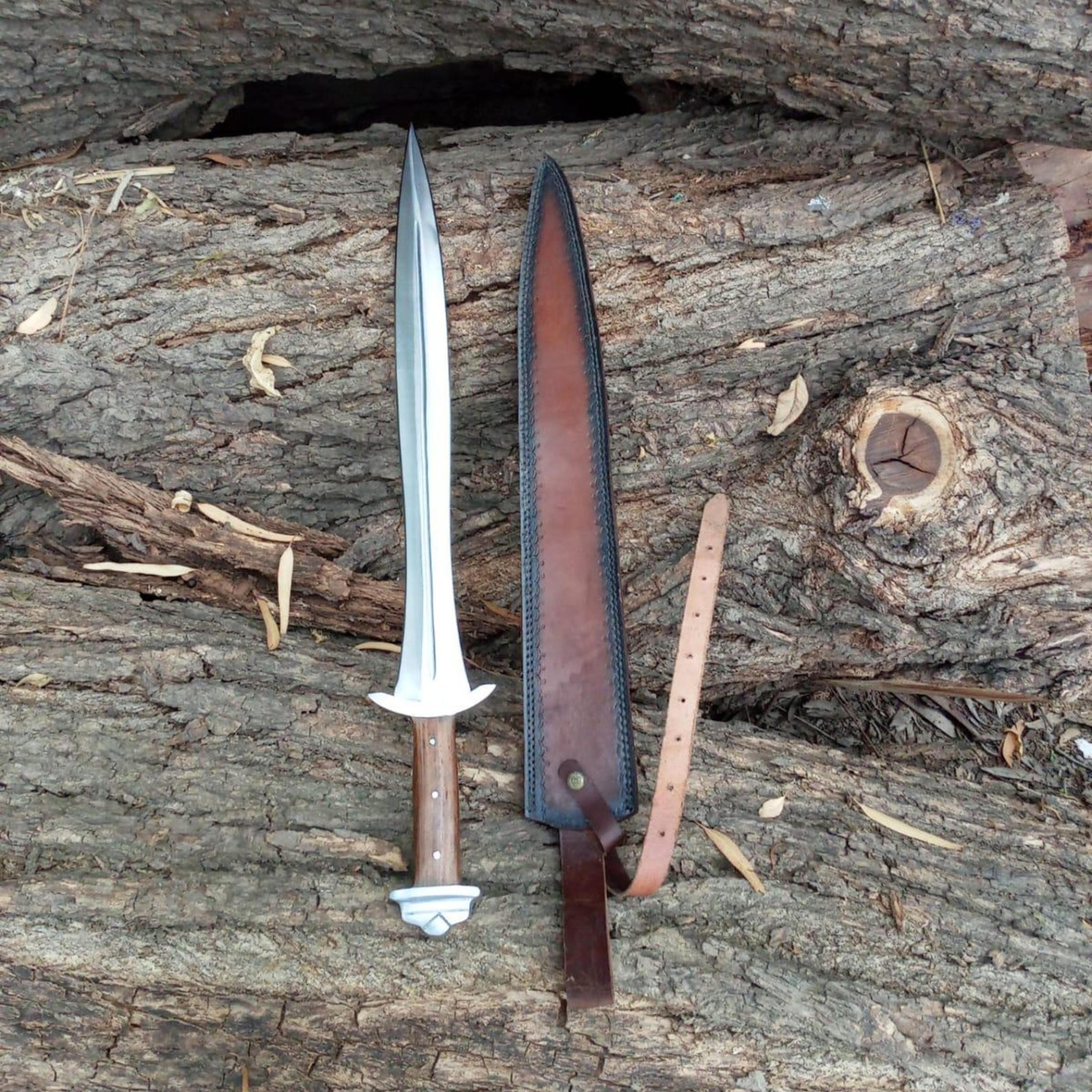 24in handmade leaf-blade short sword forged steel blade wood handle with brown leather sheath