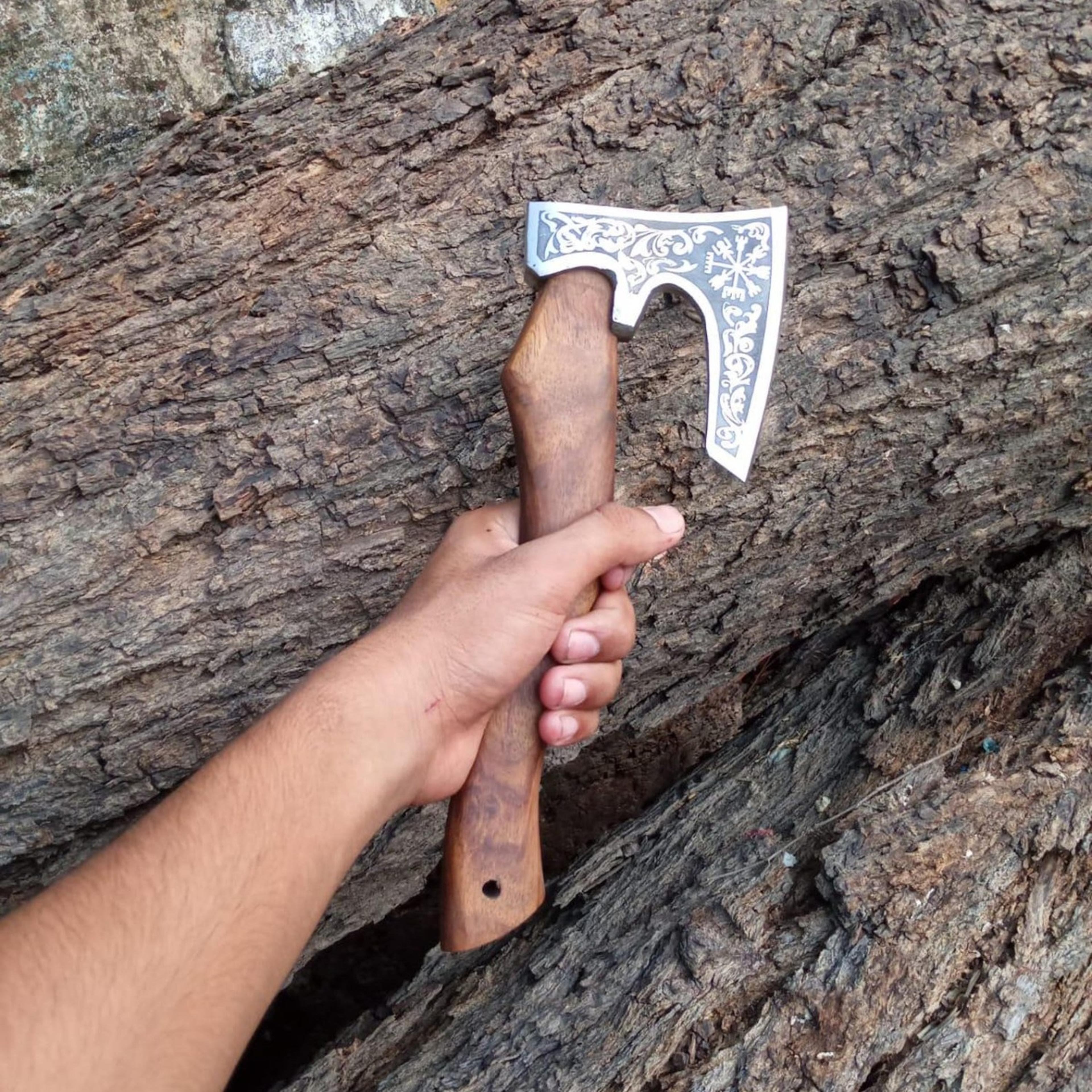 14in handmade viking bearded axe hand forged engraved steel head walnut wood handle custom made hatchet