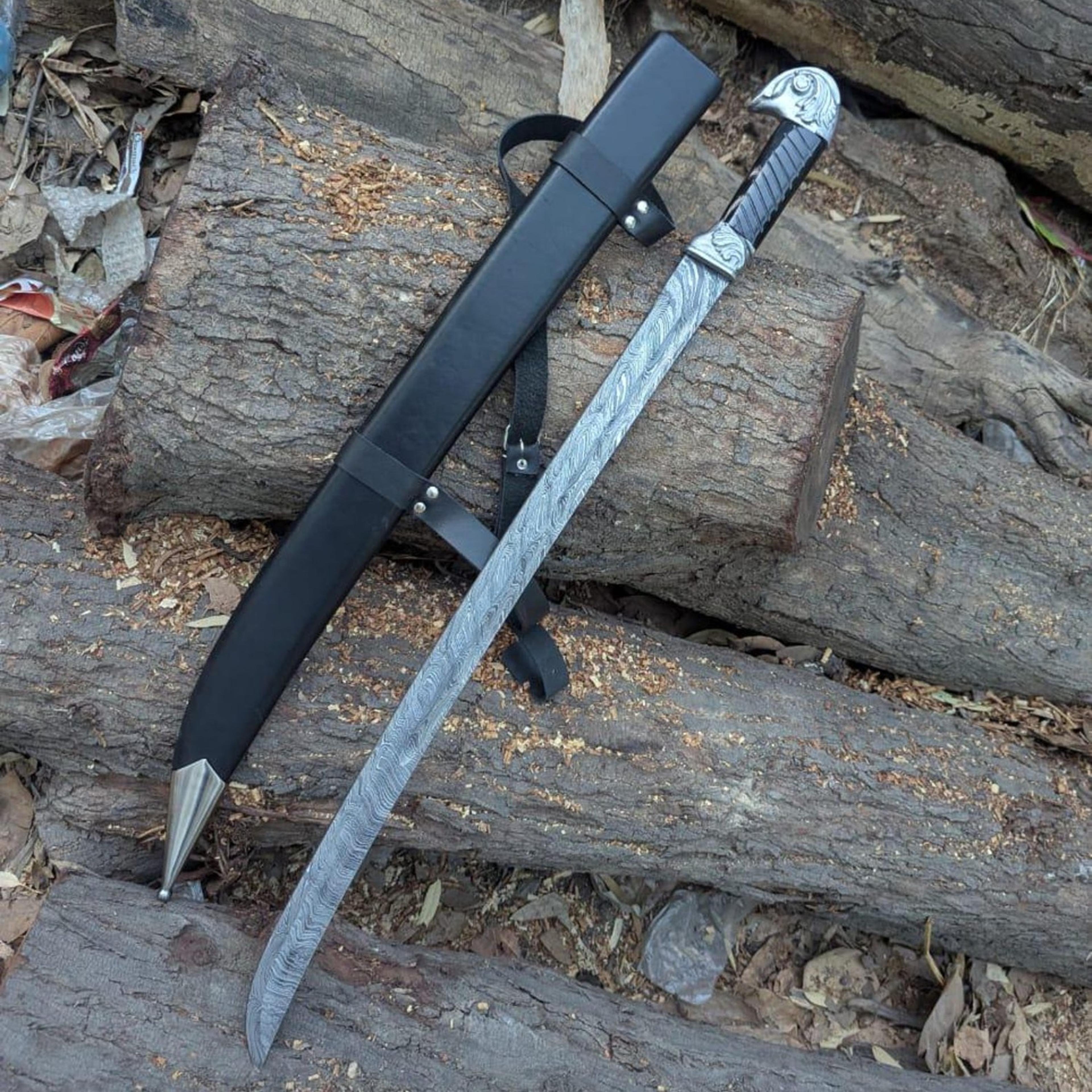 37in handmade damascus shamshir sword hand forged curved steel blade black grip leather scabbard