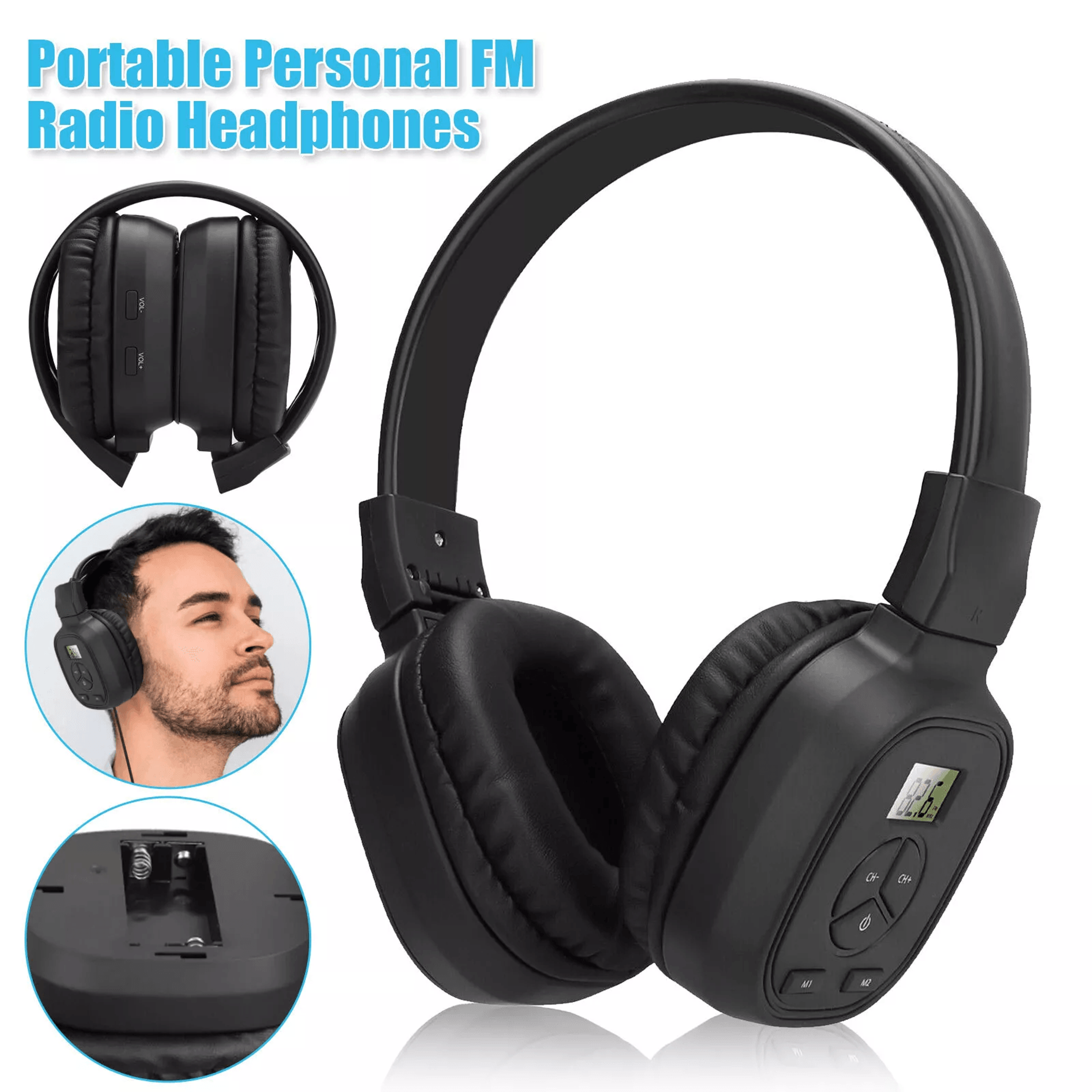 portable fm radio wireless headphones over-ear stereo foldable headset receiver