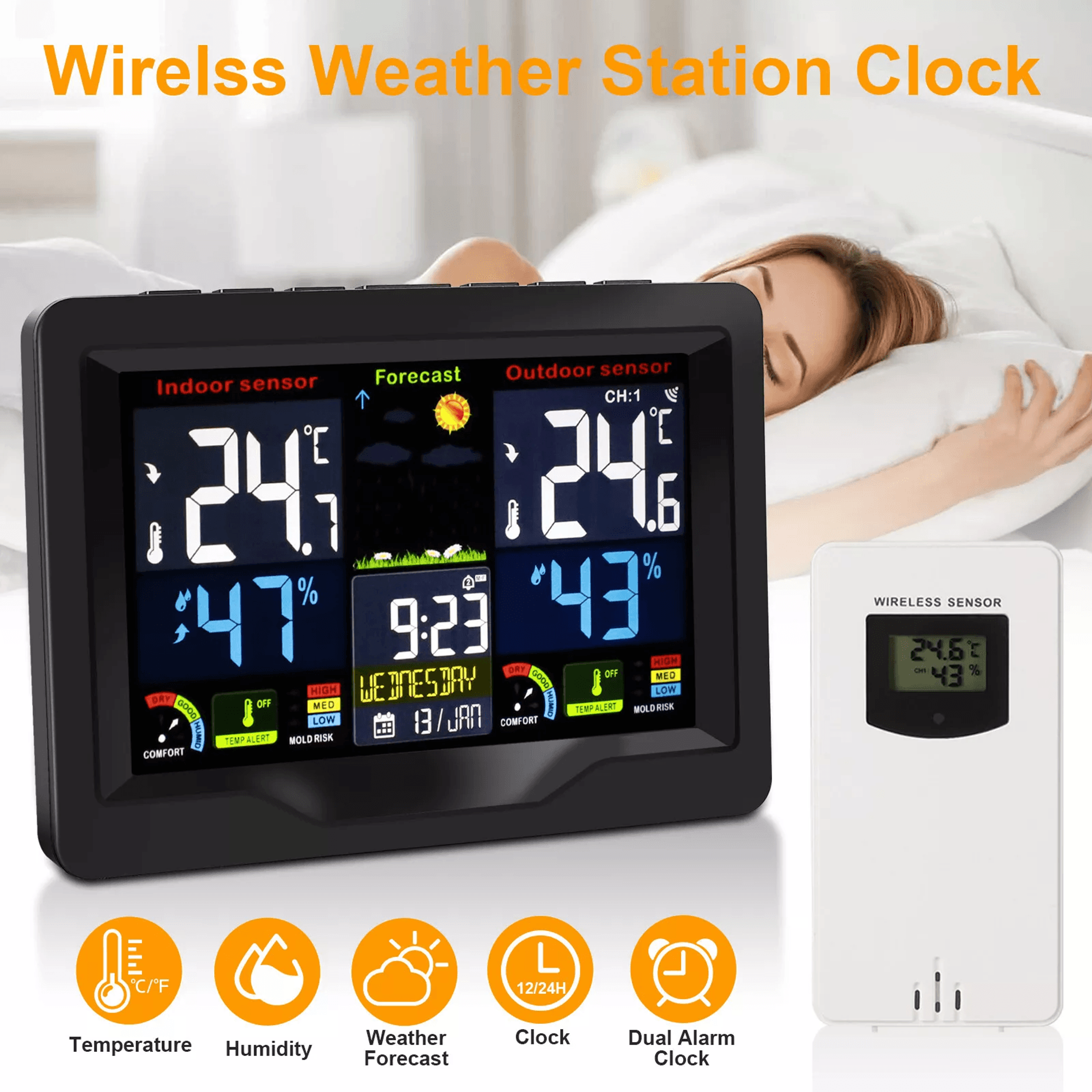 digital lcd indoor & outdoor weather station alarm clock thermometer wireless with color display, humidity monitor