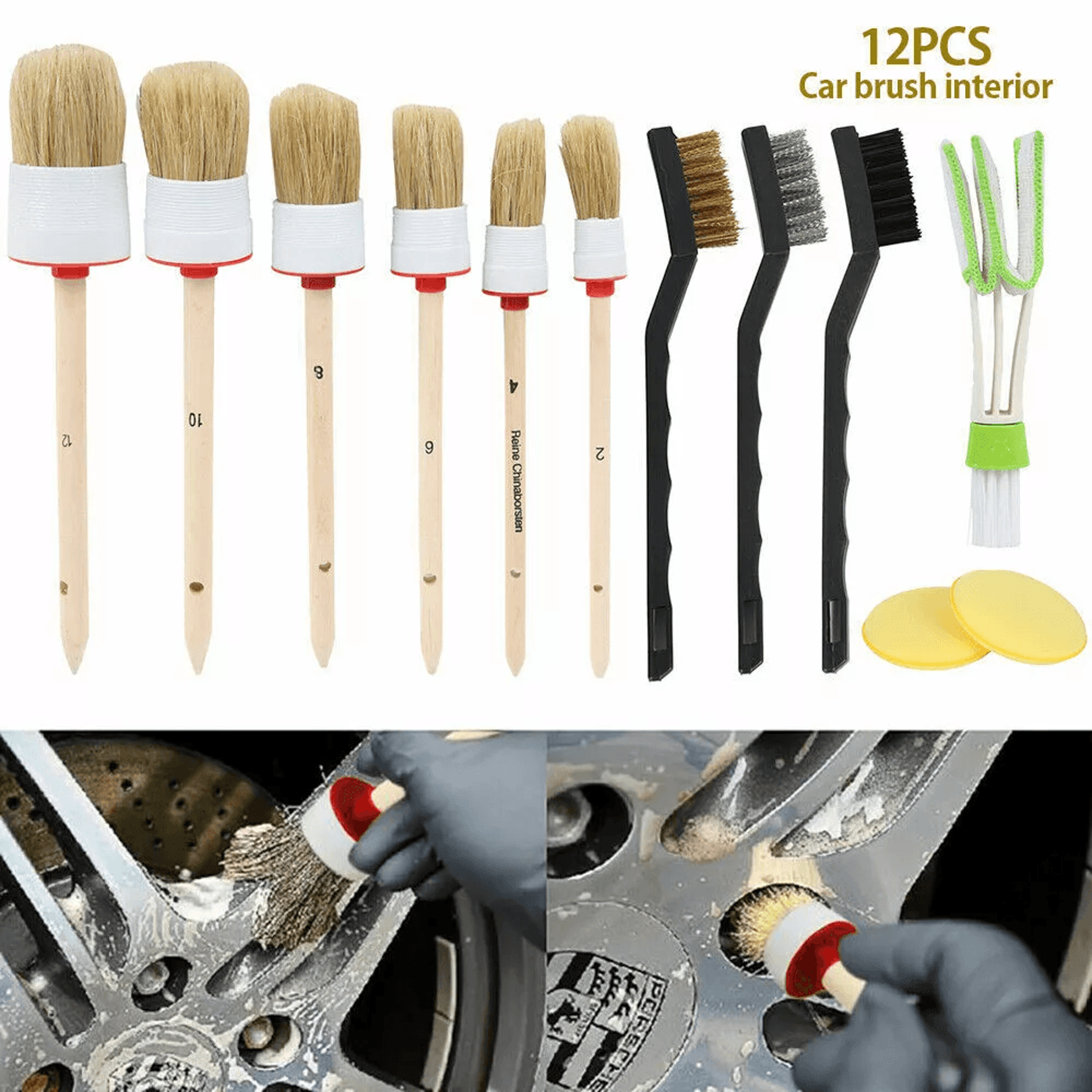 car detailing brush kit boar hair, auto interior exterior wheel cleaning set