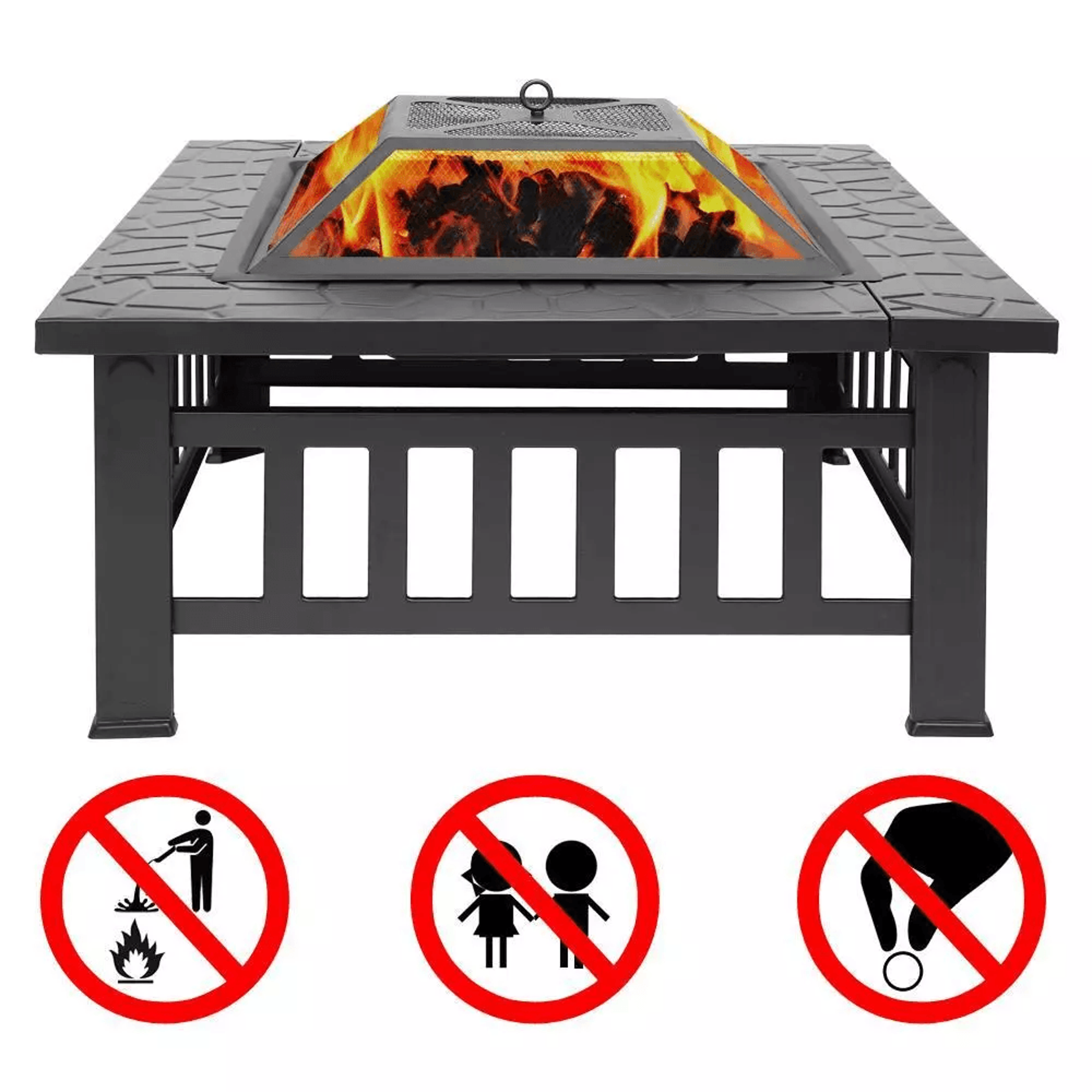 multifunctional fire pit bbq square table for backyard, wood burning fireplace & outdoor heating