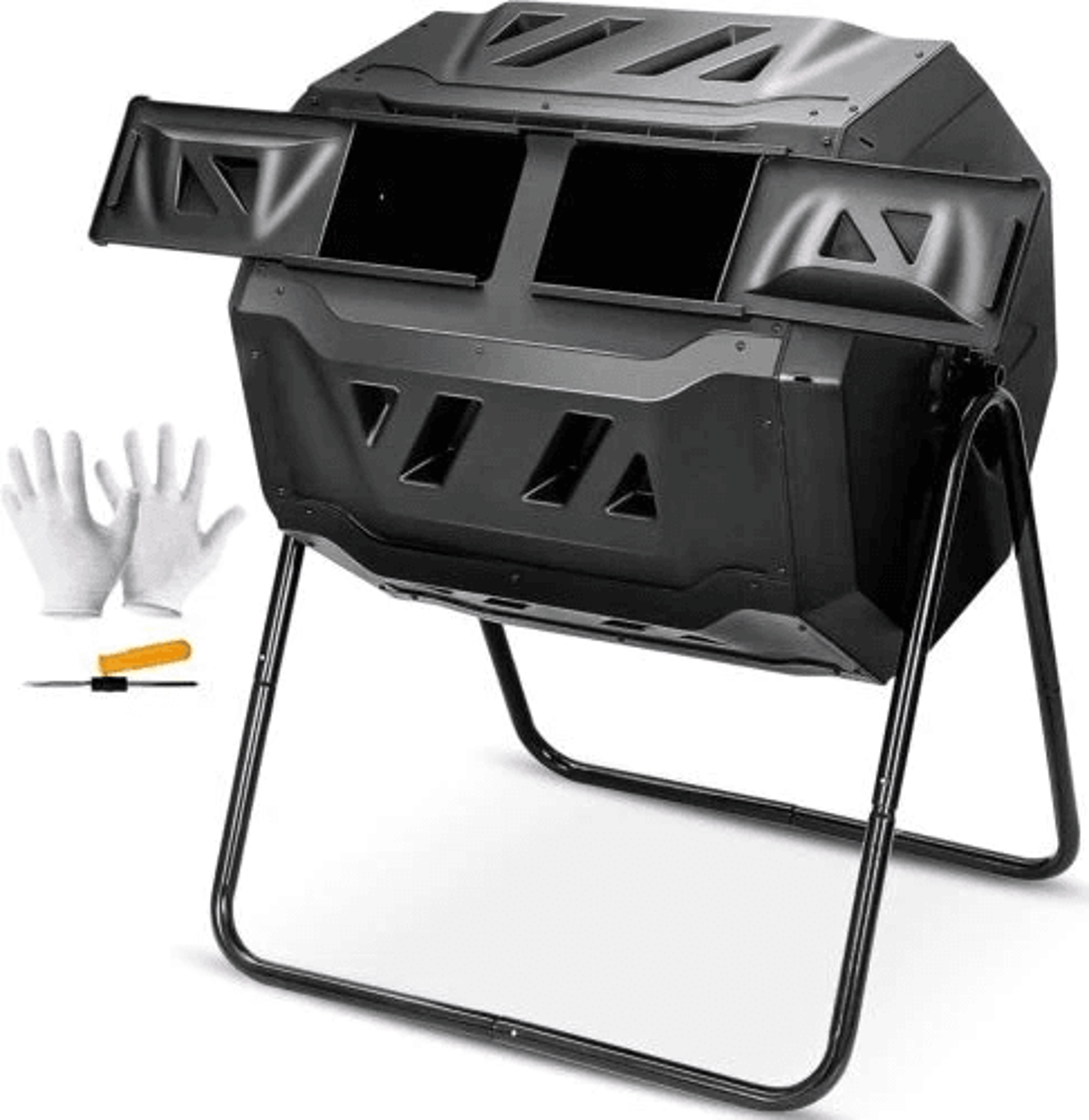 dual chamber tumbling composter, outdoor rotating compost bin for garden waste