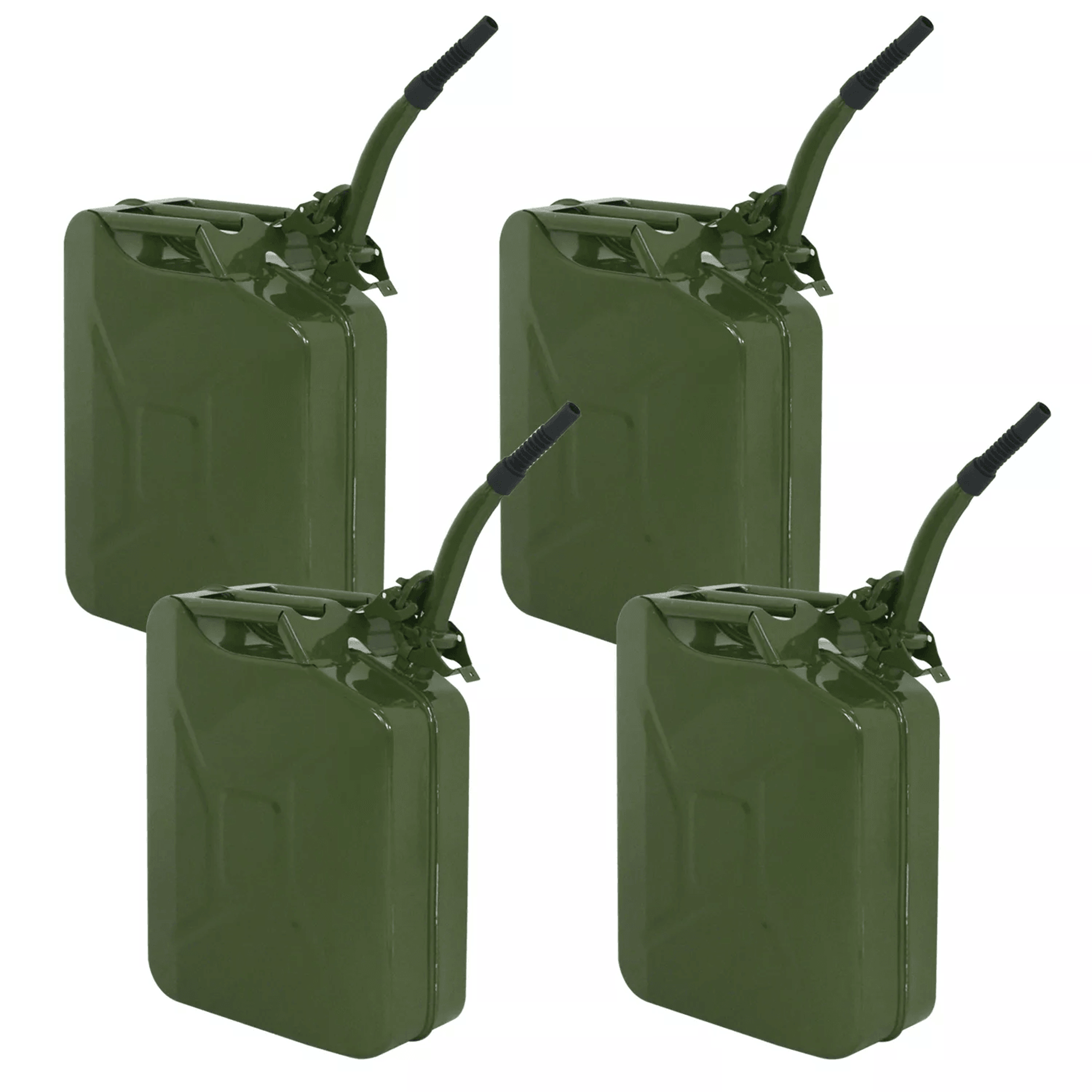 metal jerry cans, military-style gasoline storage tanks, army green