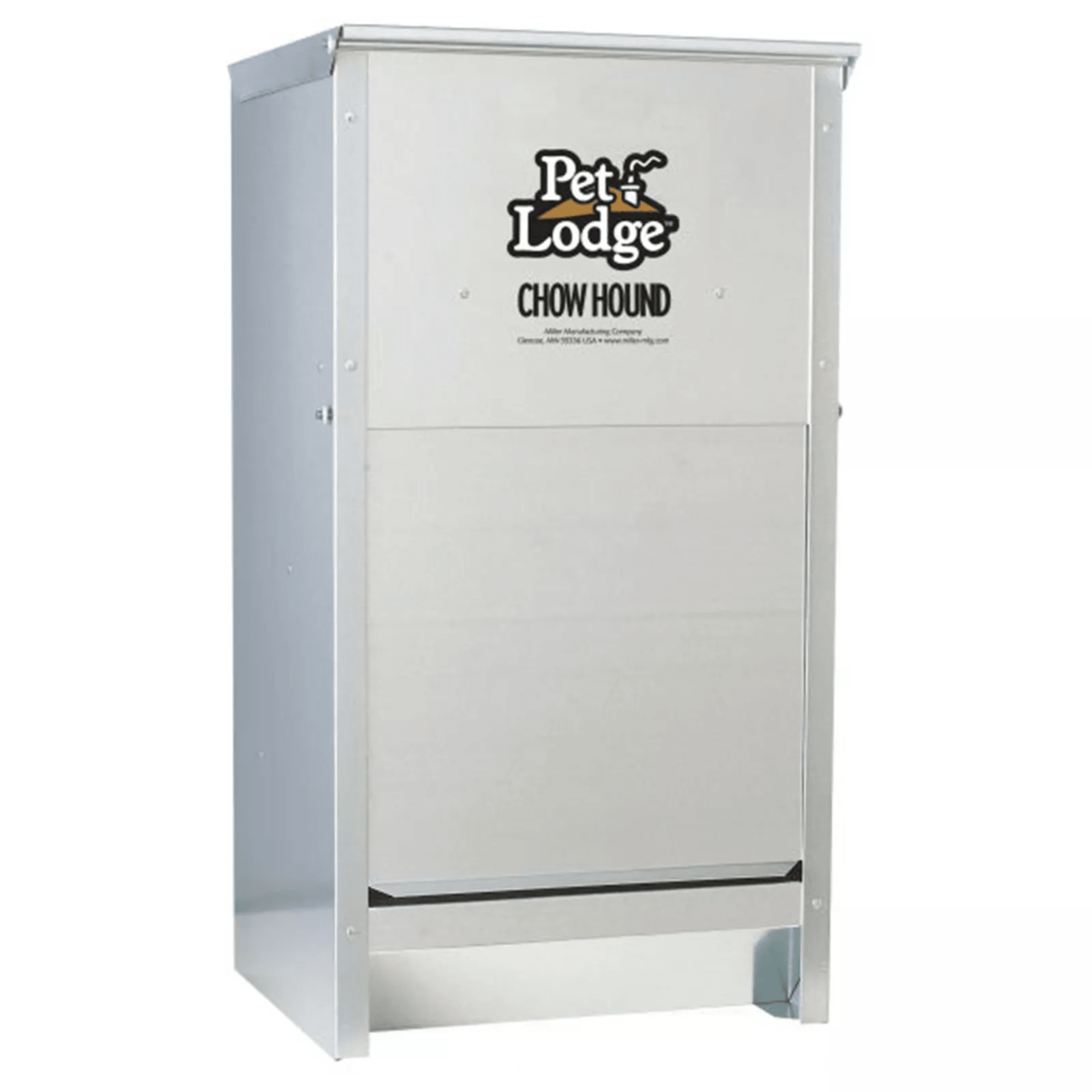 pet lodge automatic dog feeder, galvanized steel, chew-proof, wall-mountable chow hound dry food dispenser
