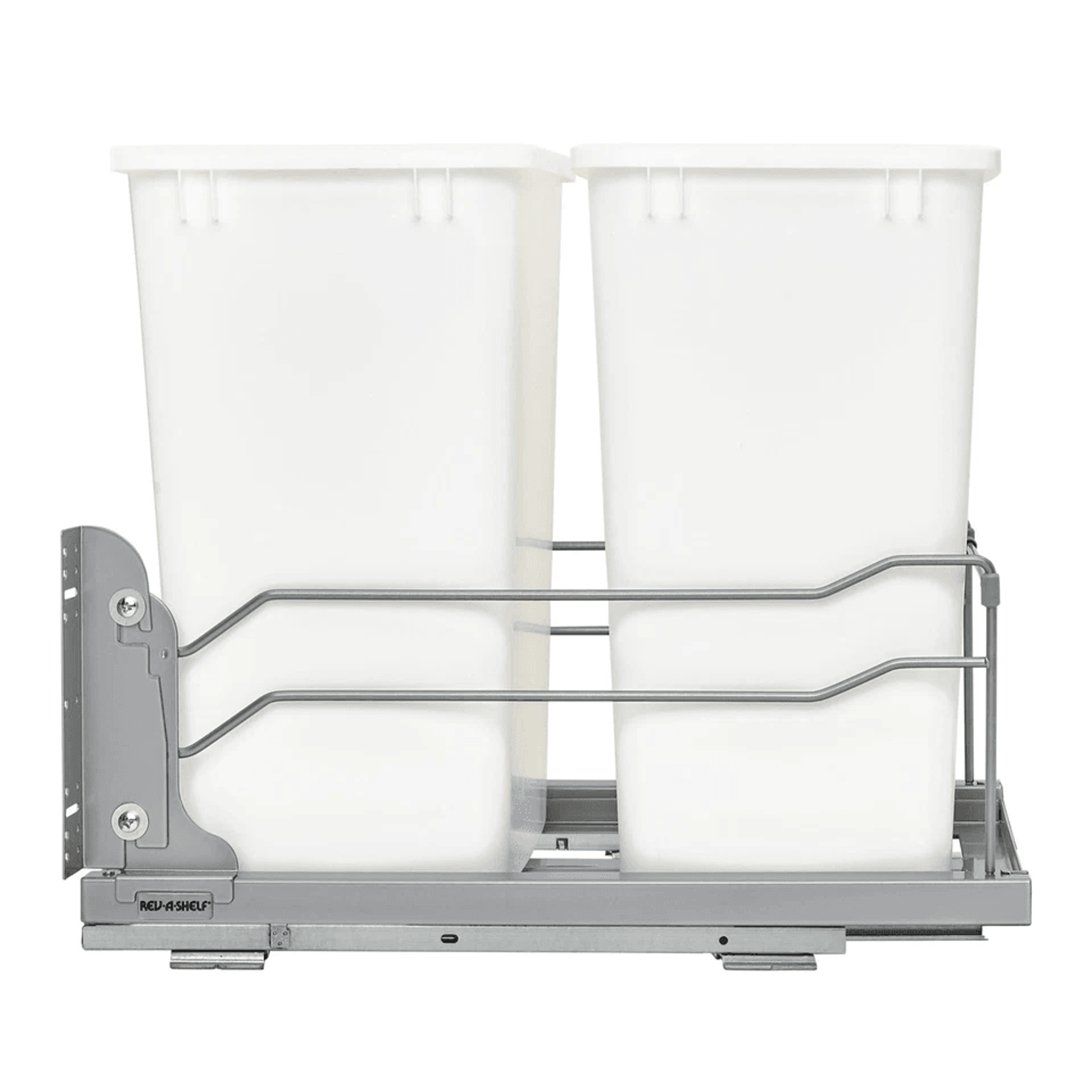 heavy-duty rev-a-shelf double pullout trash cans with soft-close, dual quart waste containers for cabinet mounting