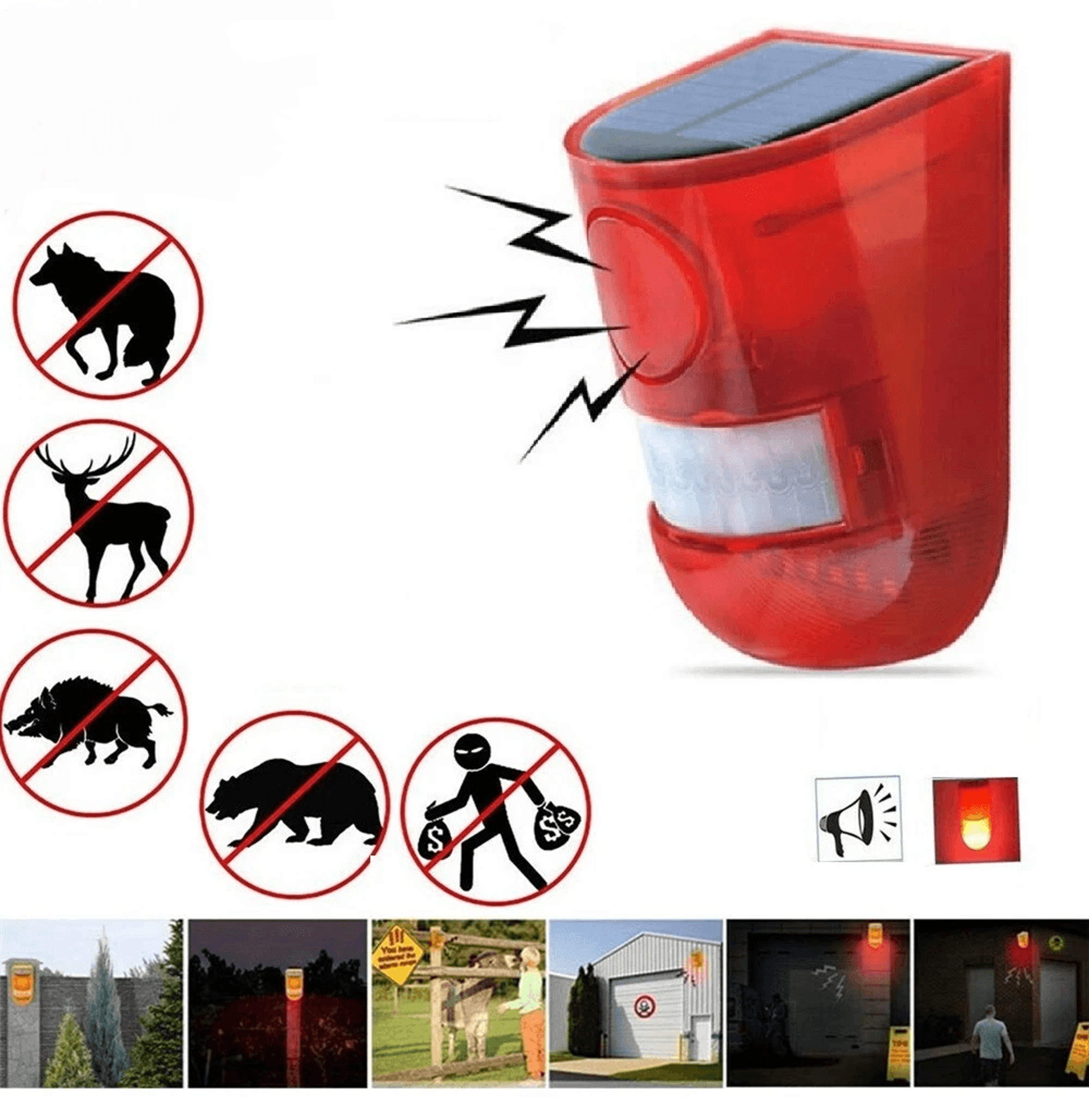 solar alarm led light outdoor wireless motion sensor detector with 110db siren and flashing strobe, waterproof security
