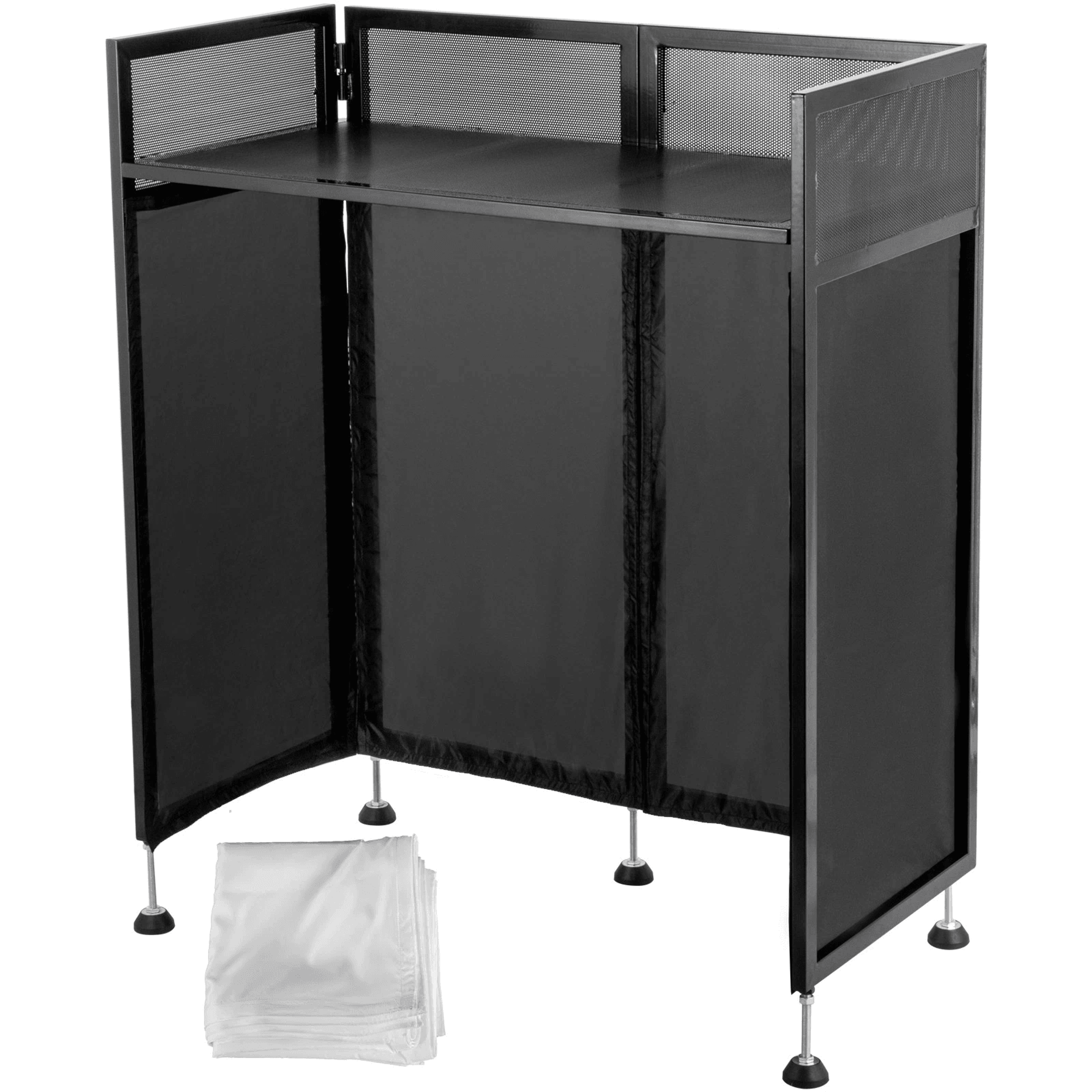 foldable dj event facade booth, black scrim metal frame with table top, ideal for mobile djs & events