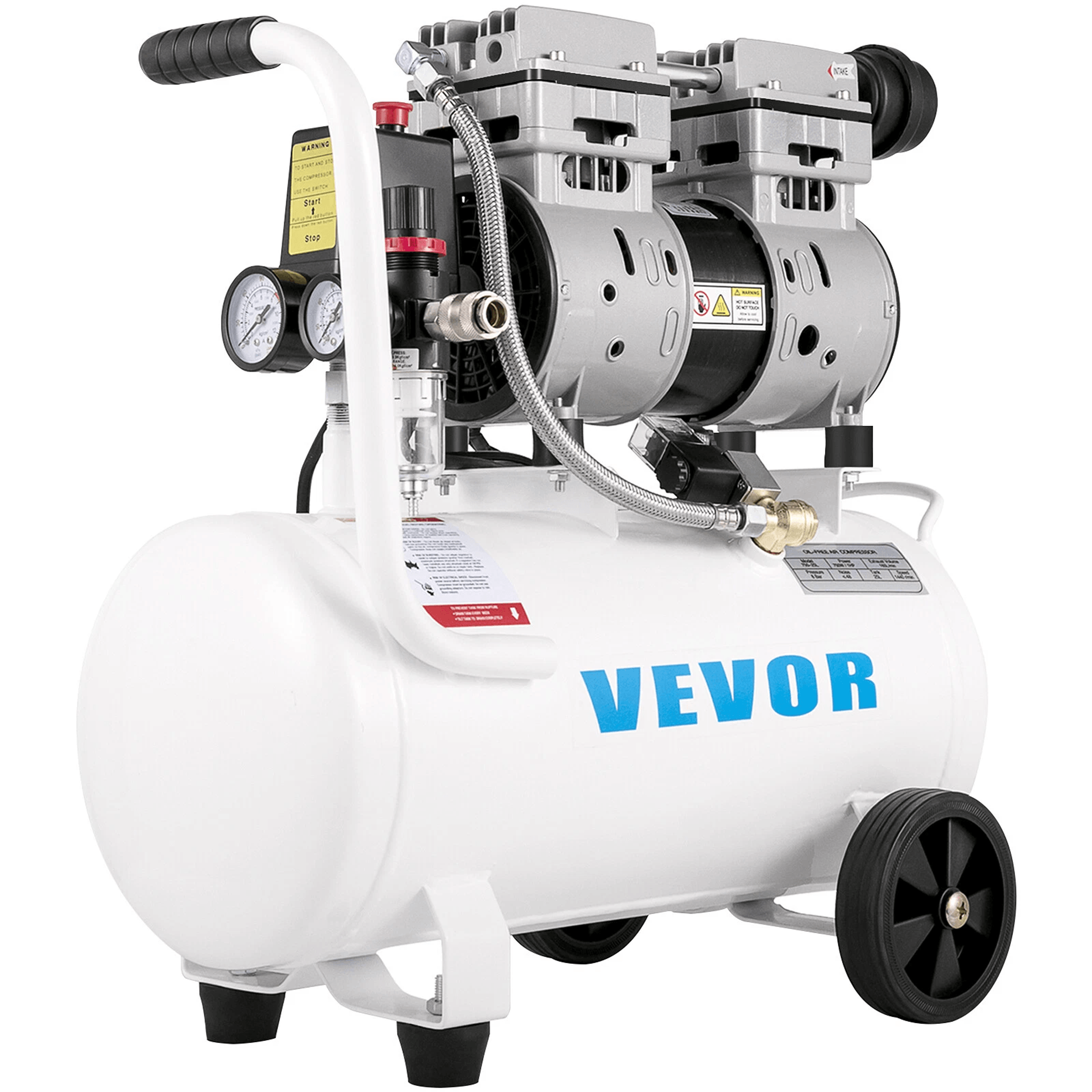 oil free air compressor, 6.6 gallon steel tank, ultra quiet, portable & maintenance-free