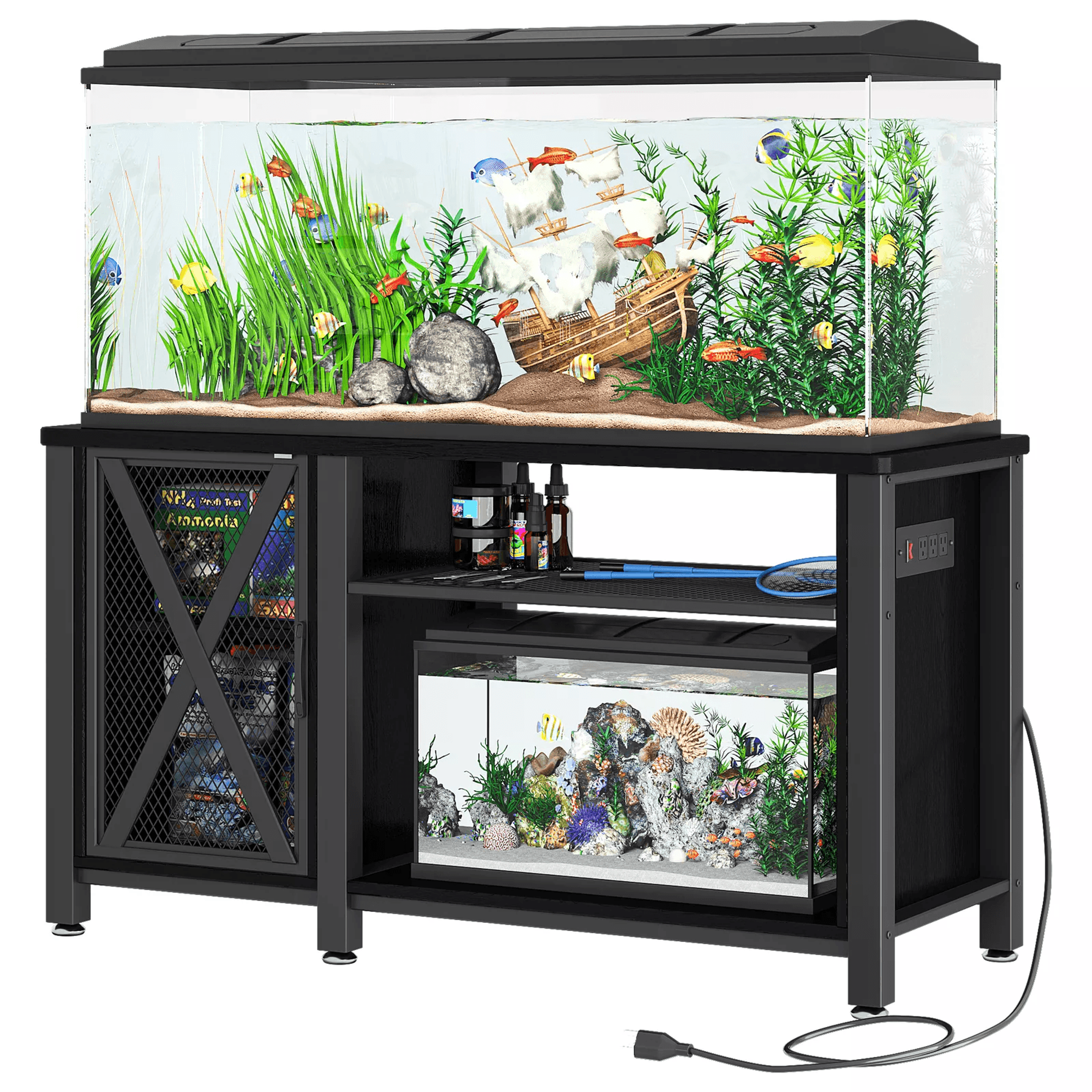 metal aquarium stand for gallon tank, fish tank cabinet with storage & power outlet, top tank, 20 gallon bottom aquarium