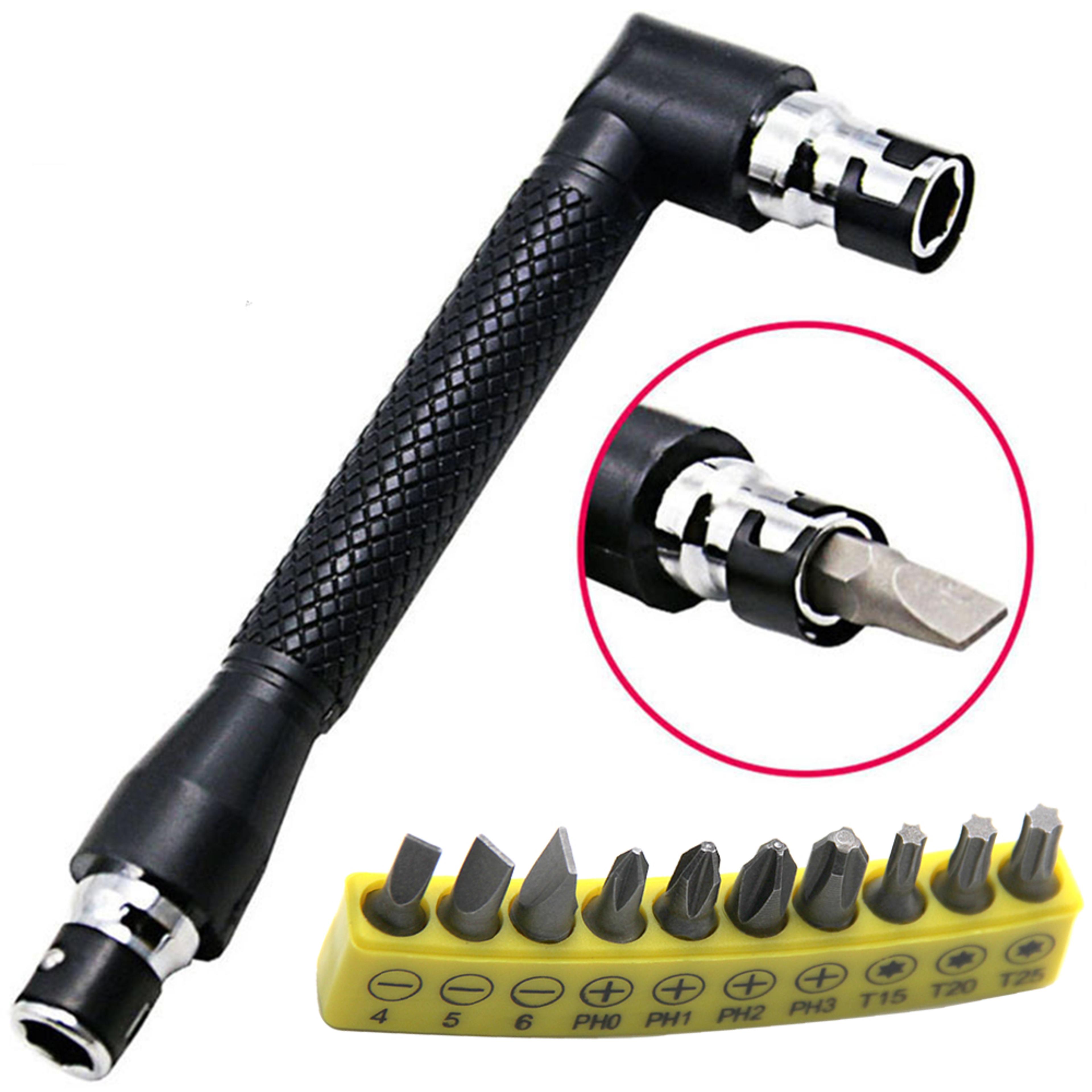 90° l shaped magnetic screwdriver bit set with 10 precision bits