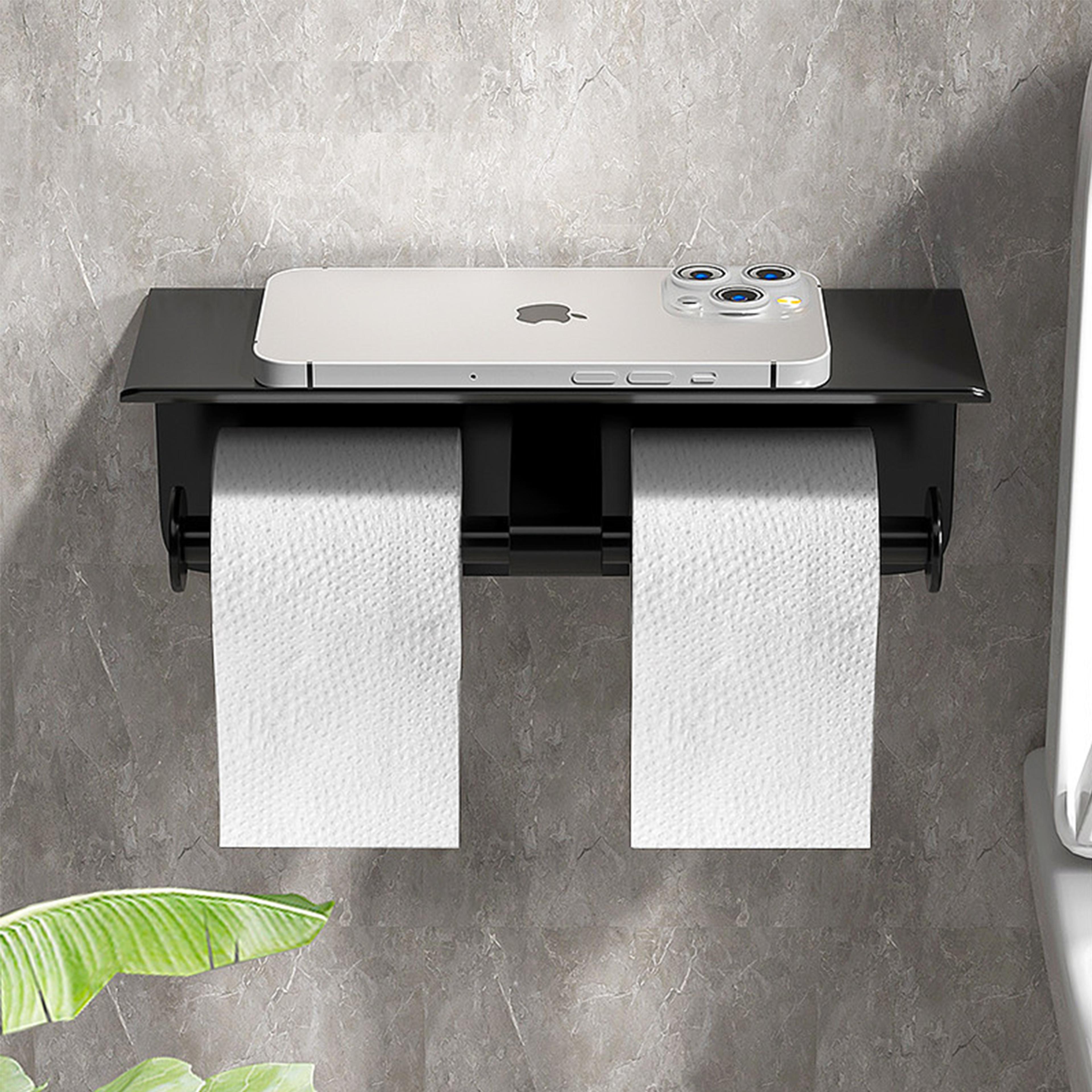 premium wall mount double toilet paper holder with shelf durable stainless steel bathroom accessory with phone tray