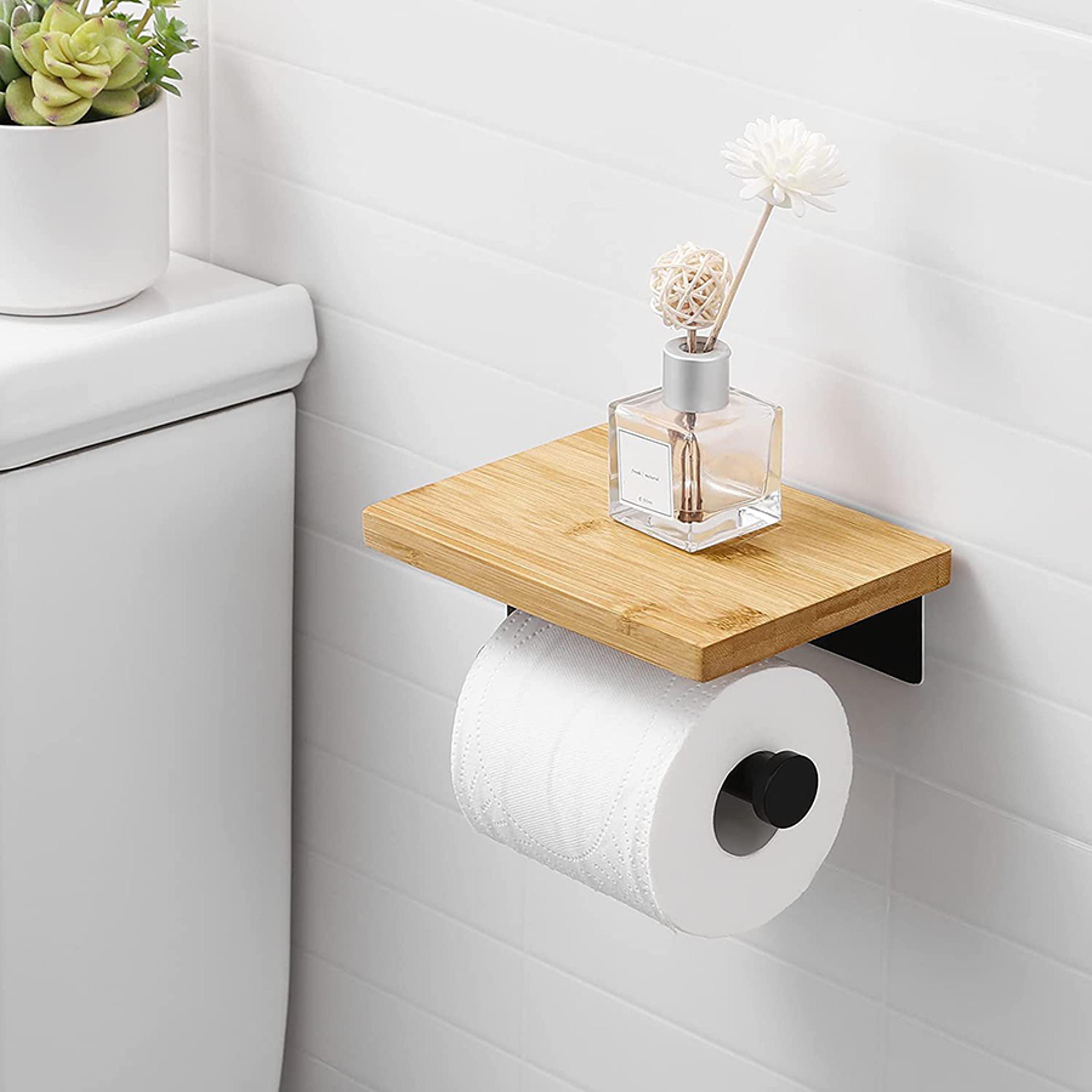 rustic wooden toilet paper holder with phone shelf