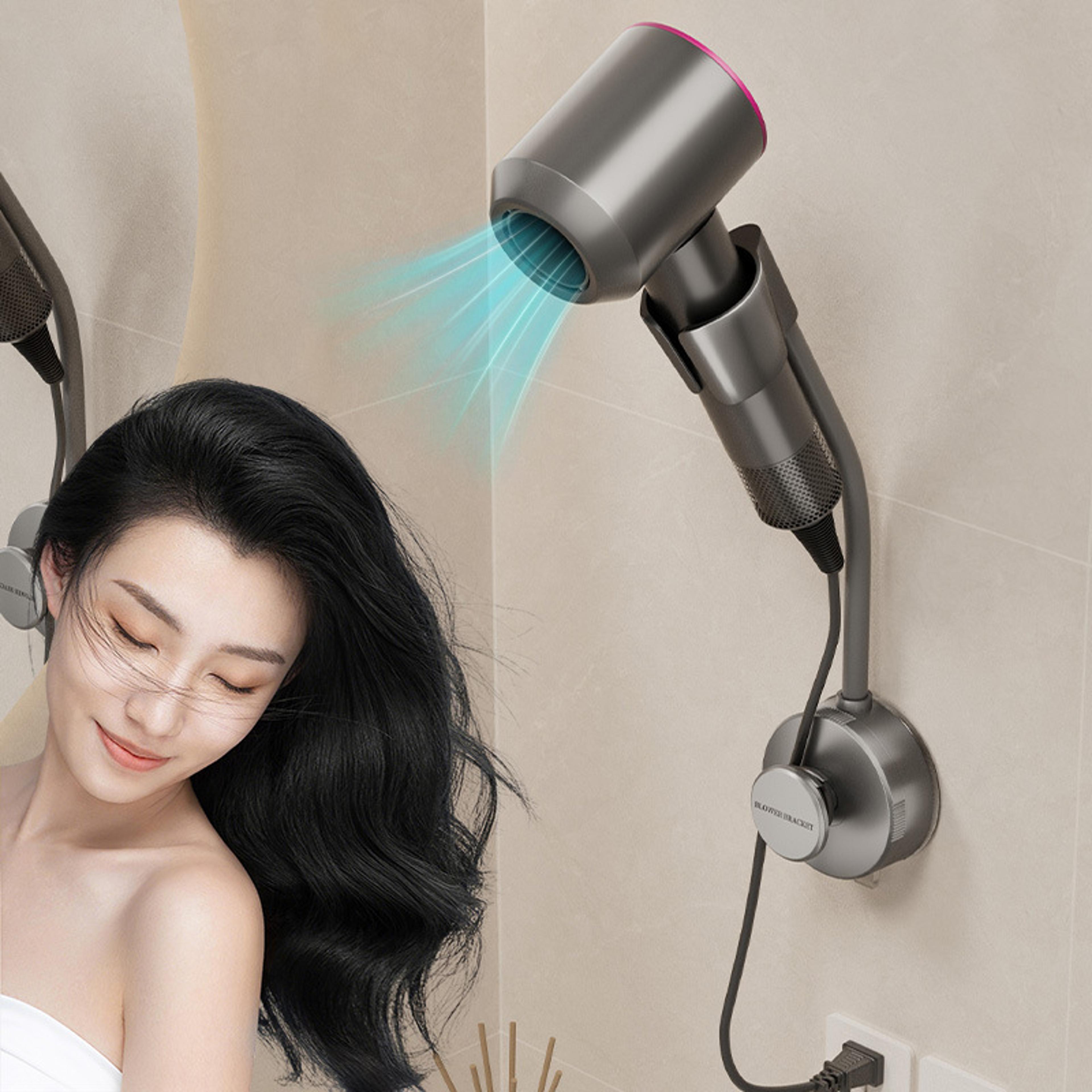 premium hands free suction cup hair dryer holder & bathroom organizer shelfs