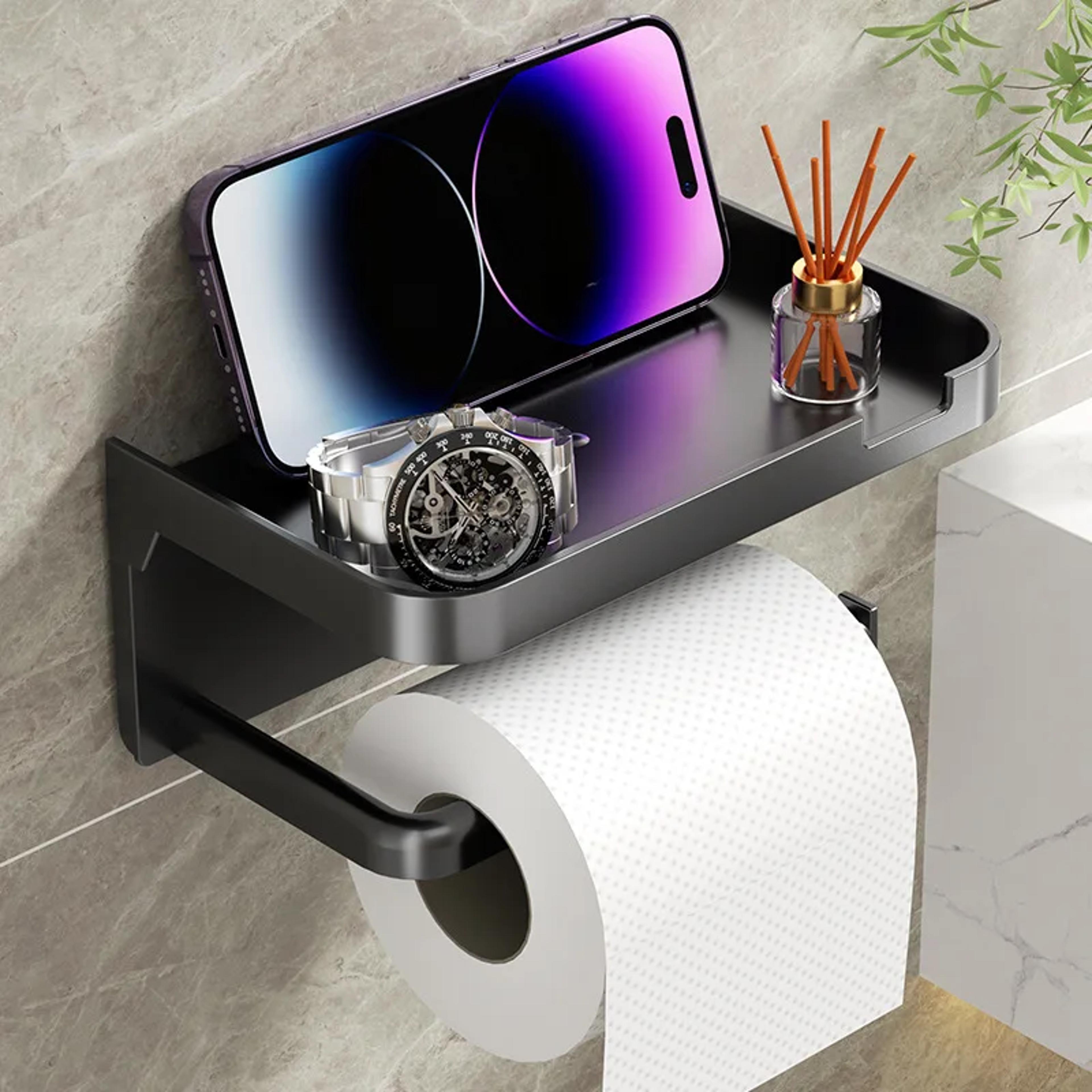 space saver wall mounted toilet paper holder with phone shelf and storage rack