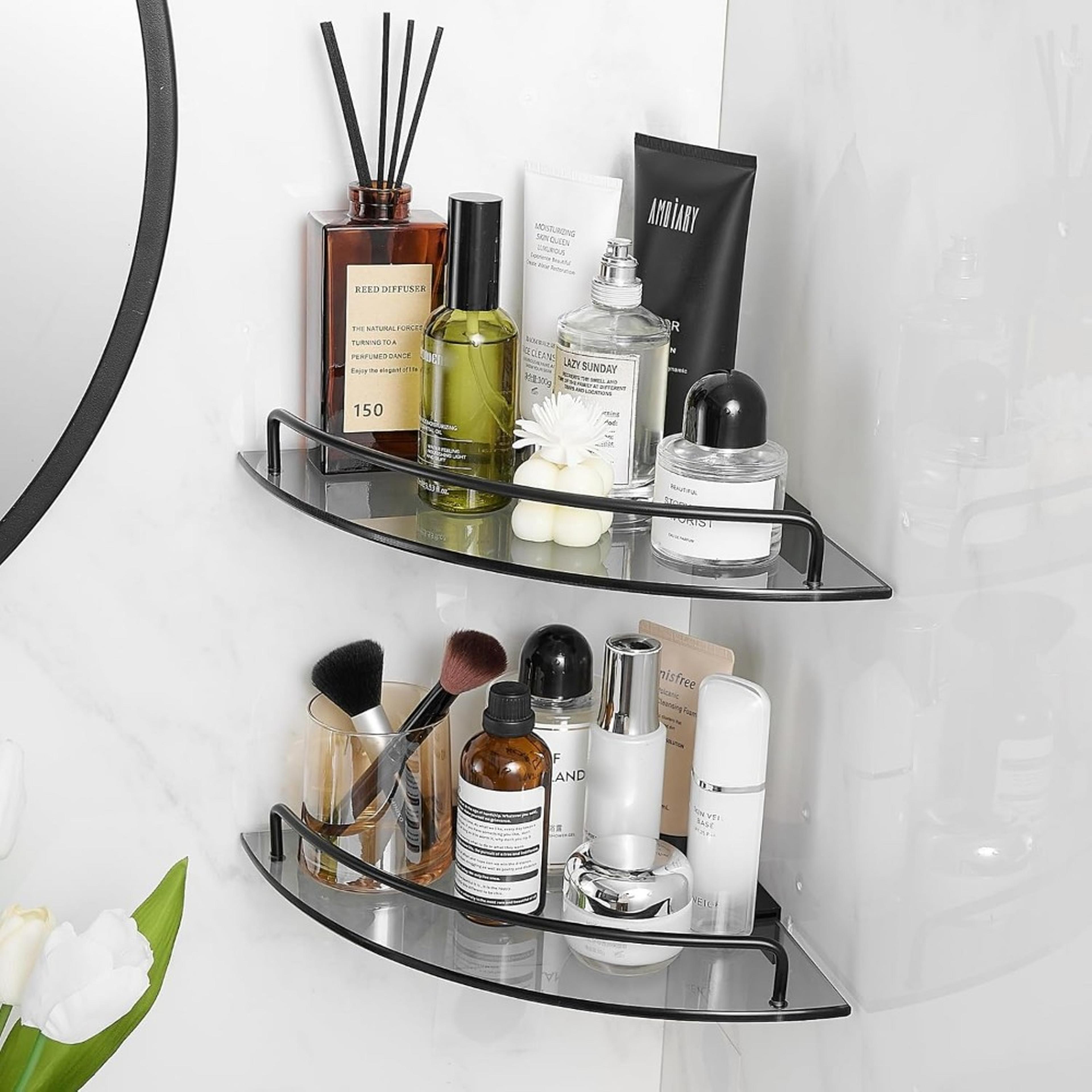 premium black glass corner shower shelf set tempered glass bathroom corner shelf with rail & wall mount organizers