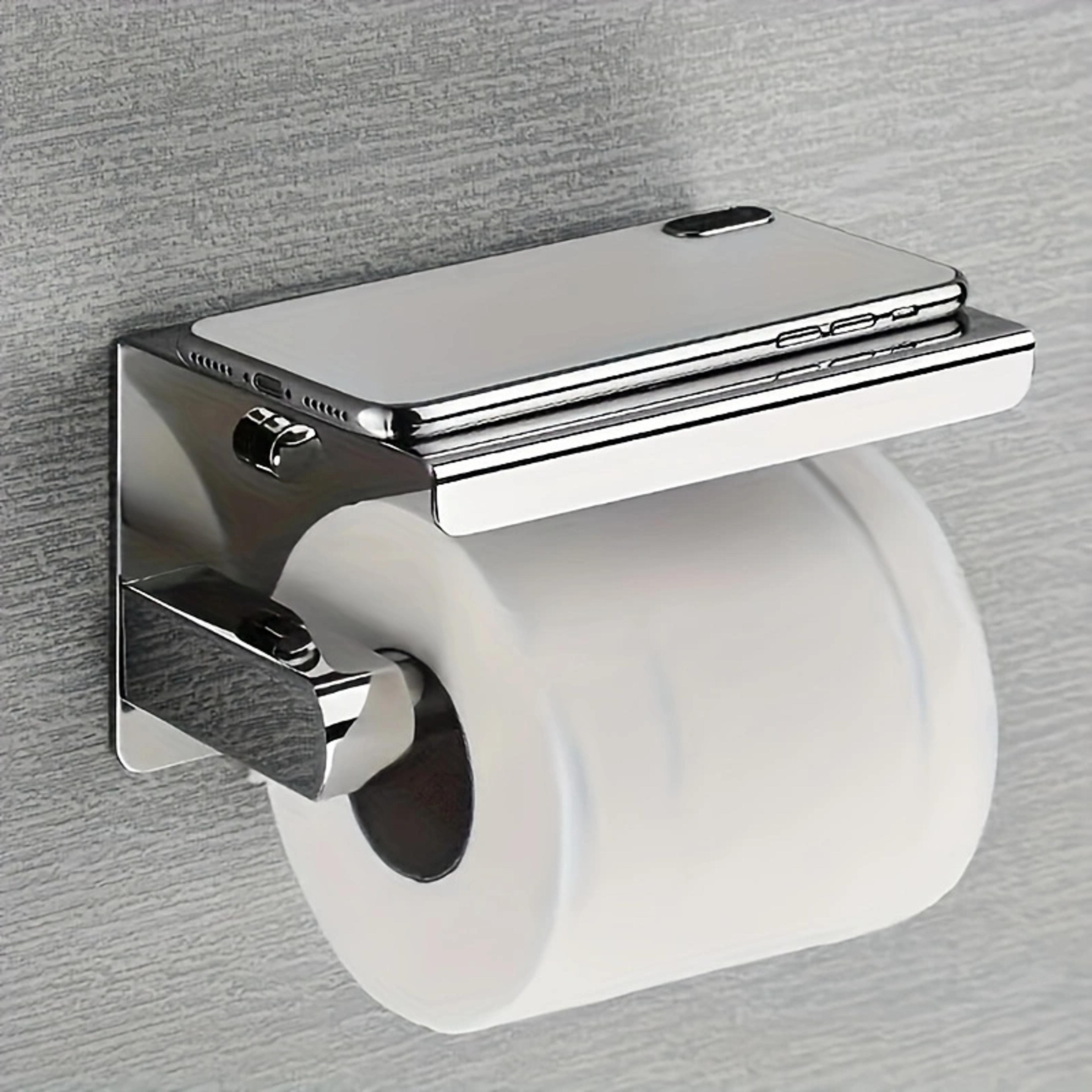 premium wall mounted stainless steel toilet paper holder with phone shelf & bathroom tissue organizer