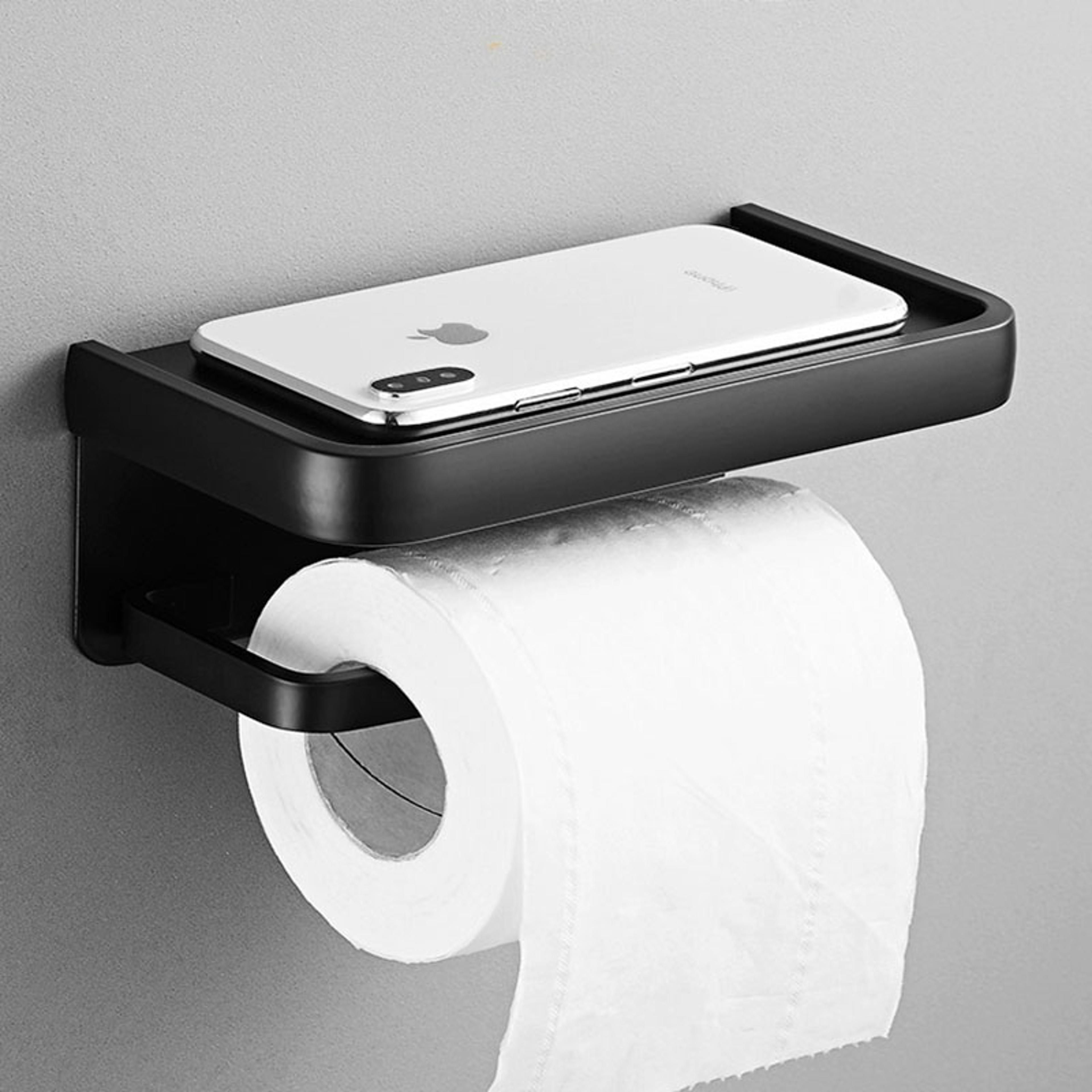 premium wall mounted aluminum toilet paper holder with shelf & phone storage bathroom organizer