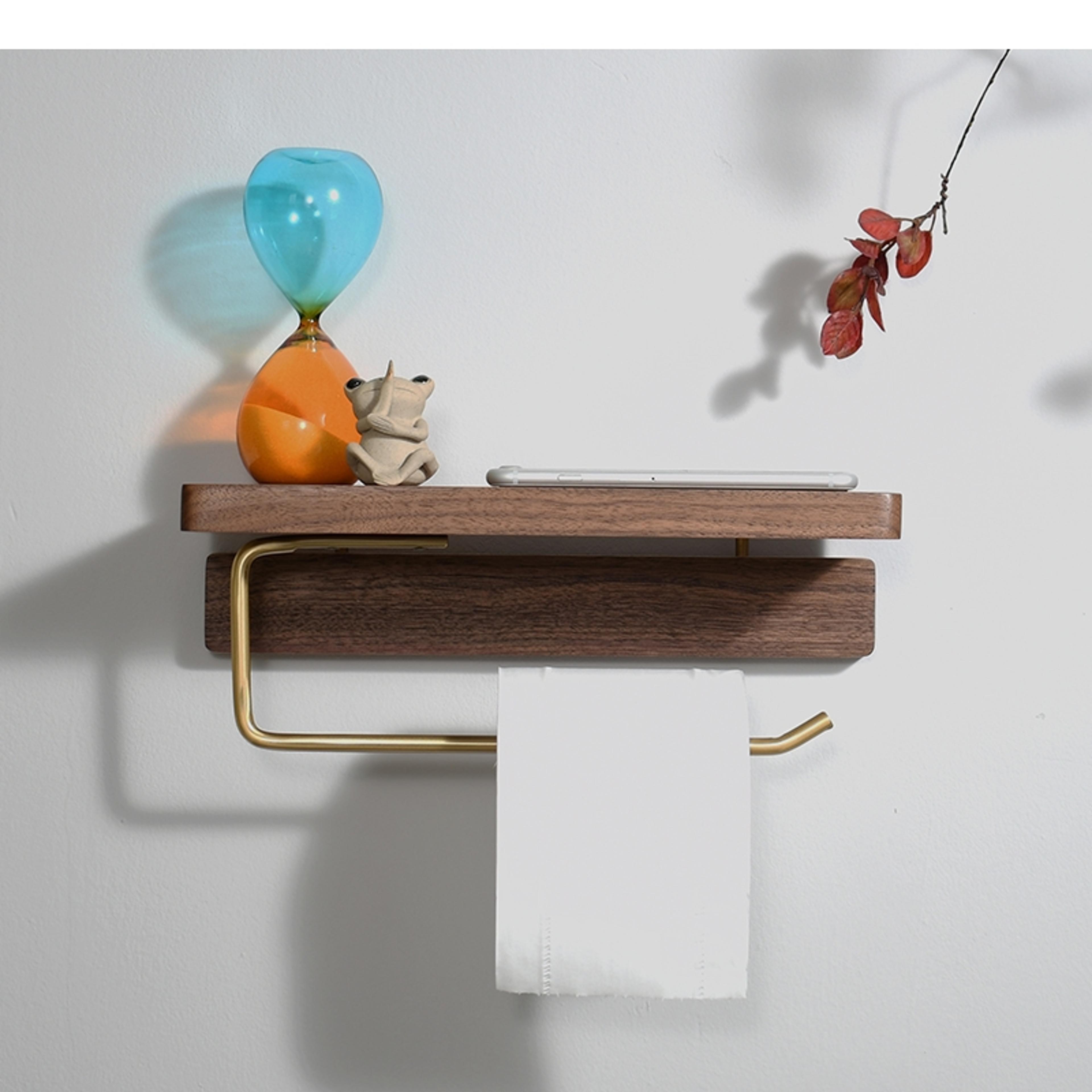 wooden wall mounted toilet paper holder with shelf & decorative storage tray
