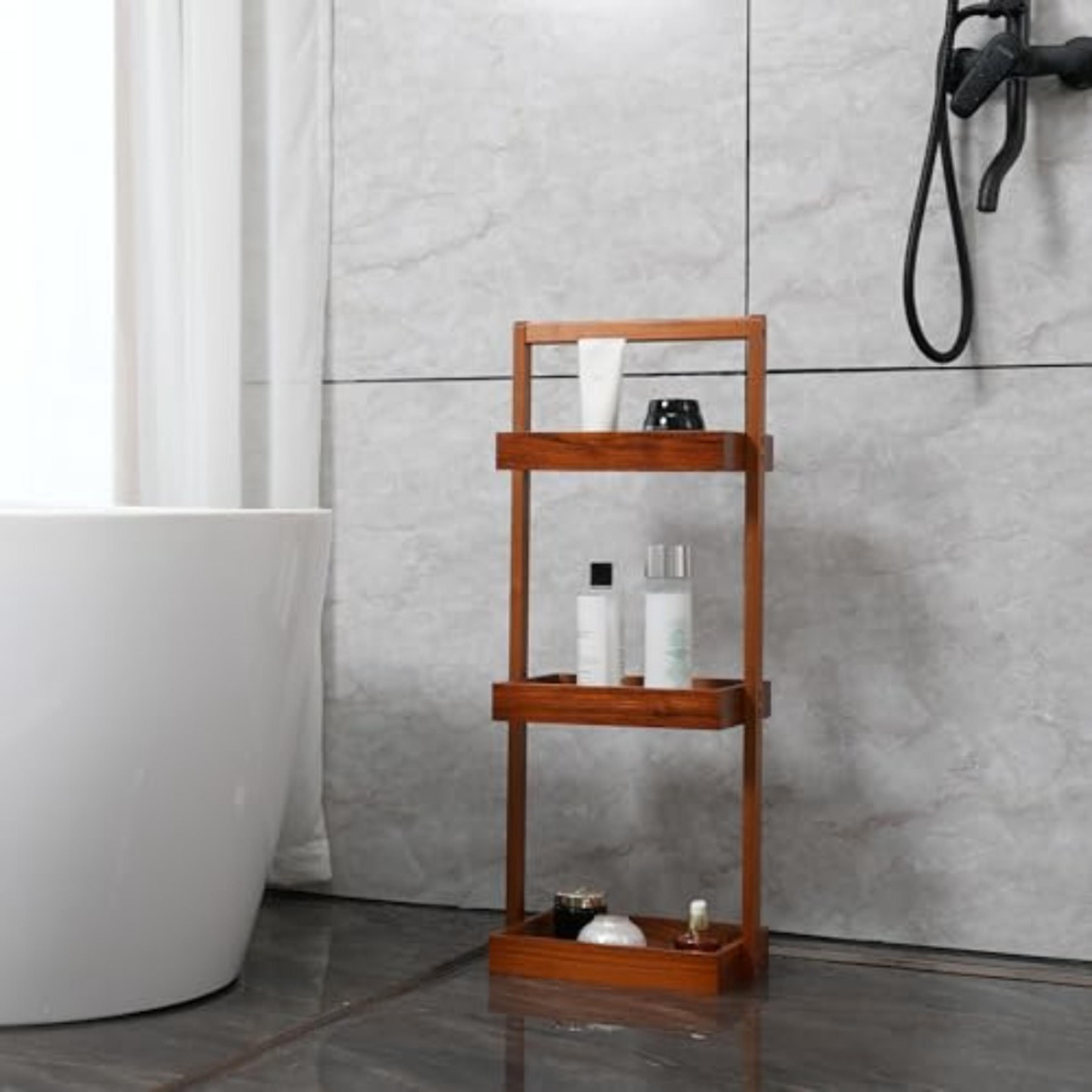 premium teak shower caddy corner shelf 3 tier standing shower organizer for bathroom storages