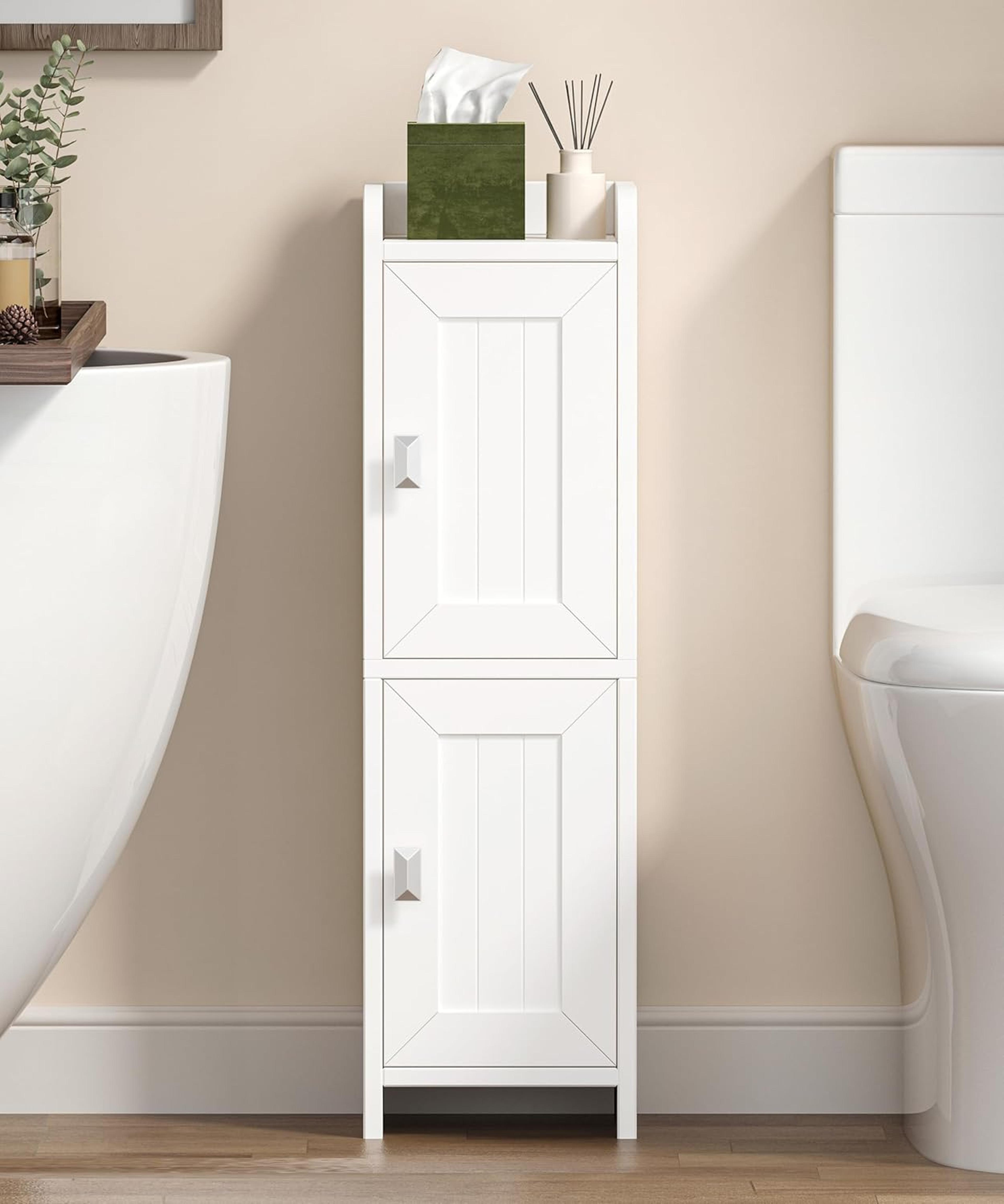 slimspace narrow bathroom cabinet with adjustable shelves & dual door hidden storage