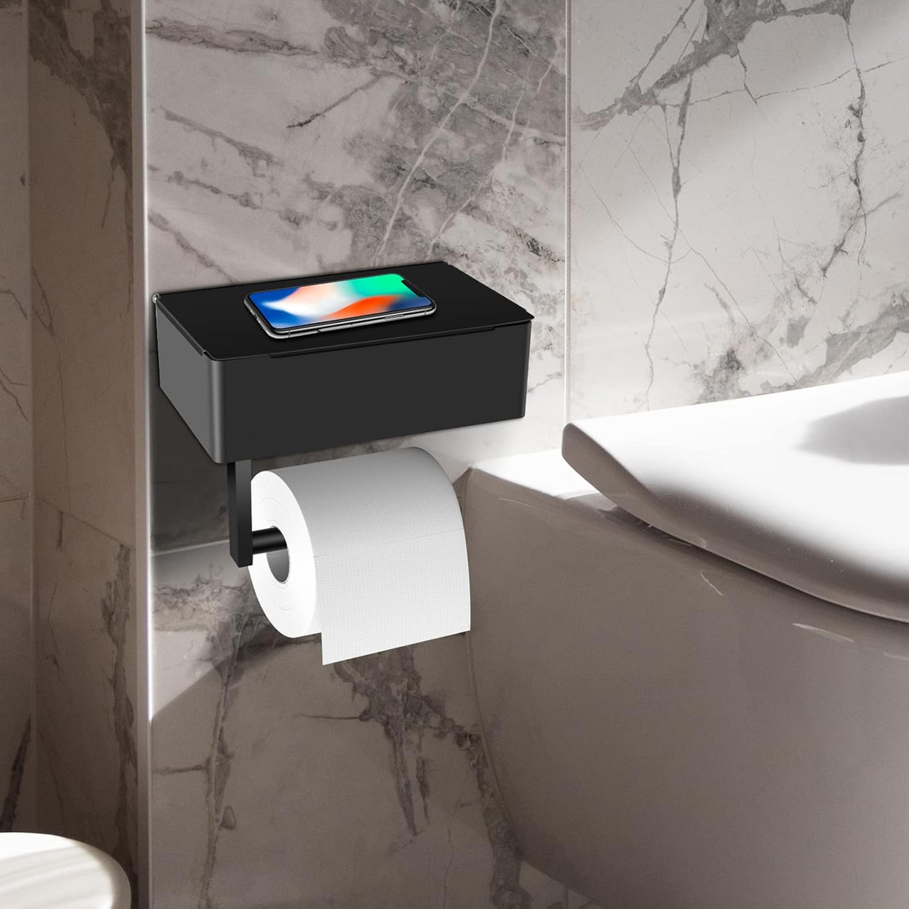 premium matte black wall mount toilet paper holder with storage shelf sleek stainless steel tissue roll organizer