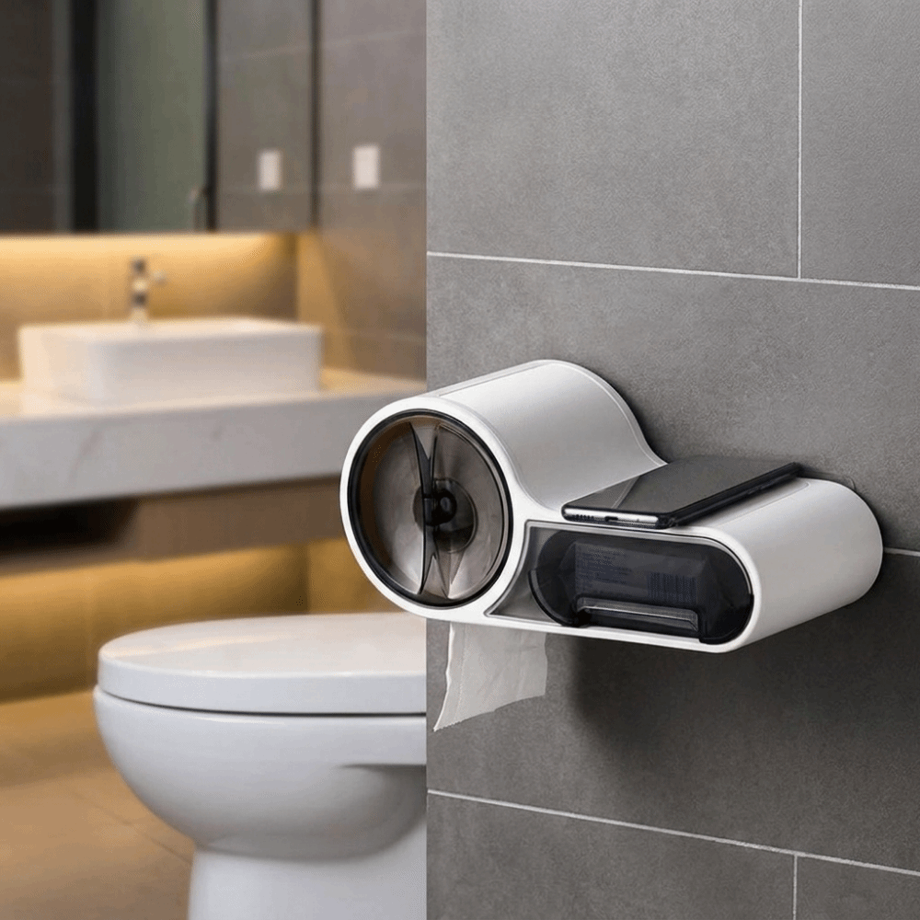waterproof wall mount toilet paper holder with storage shelf & phone stand