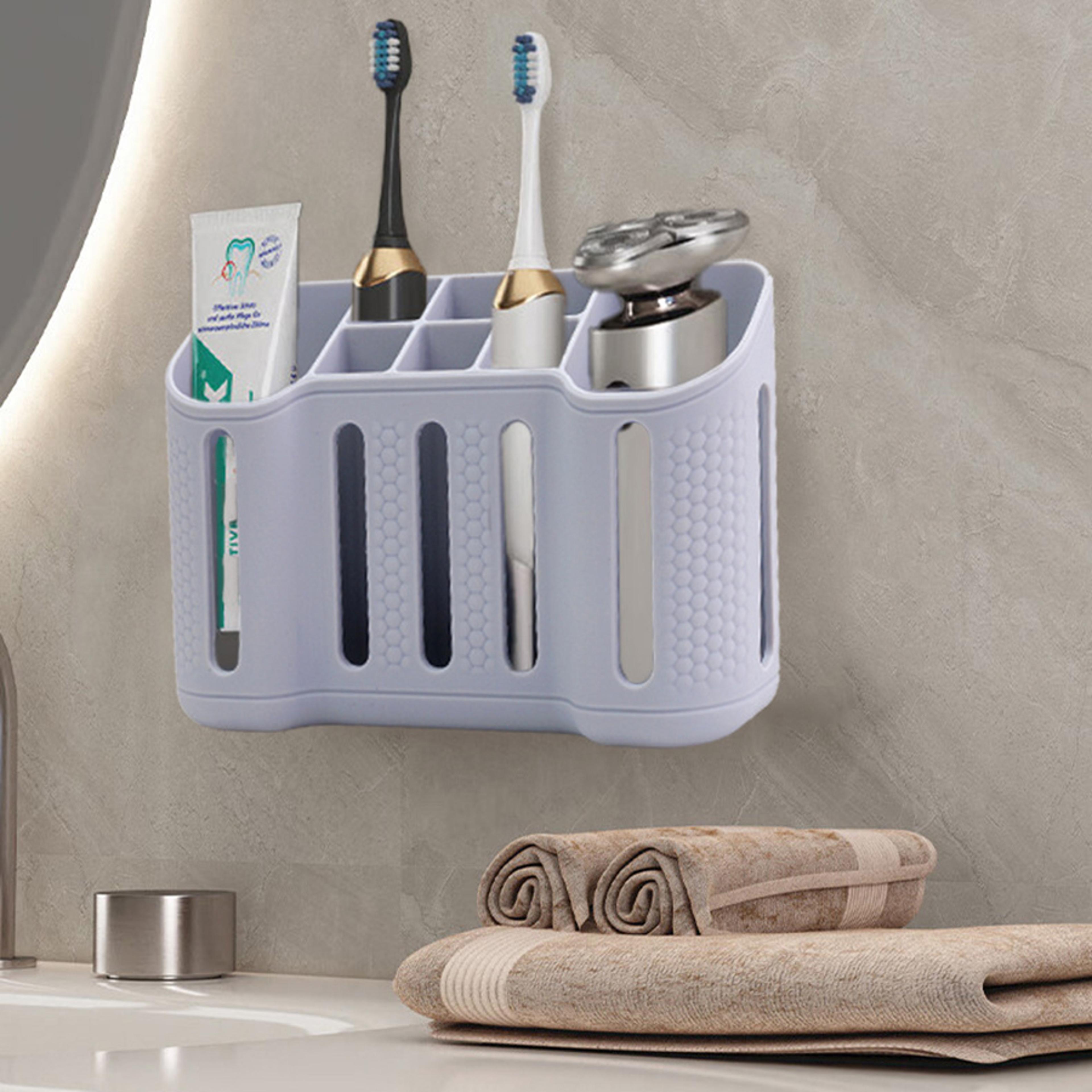 wall mount toothbrush holder & bathroom organizer for electric toothbrush, razor & toothpaste storage