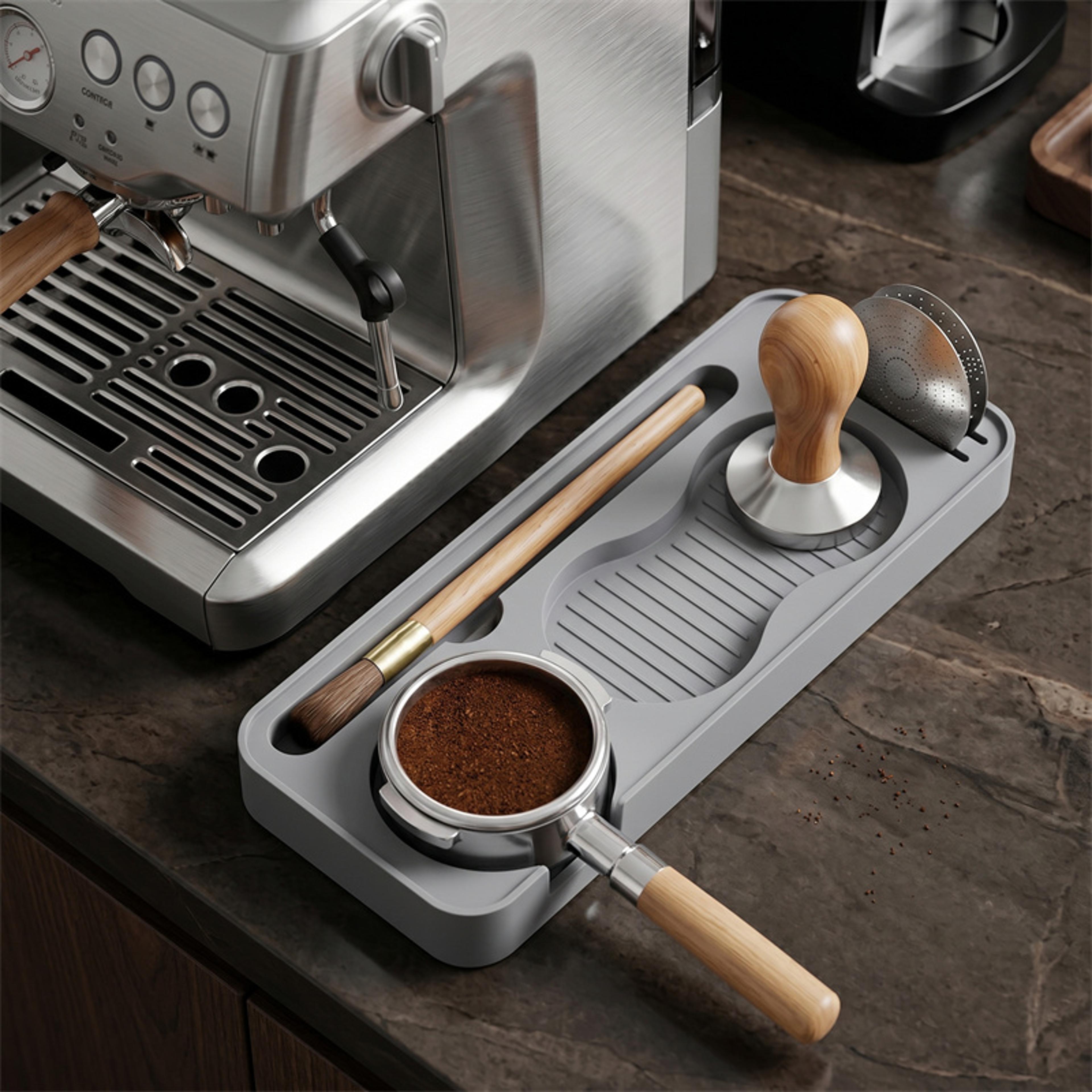 premium espresso tamping station with coffee tamper holder & portafilter organizer