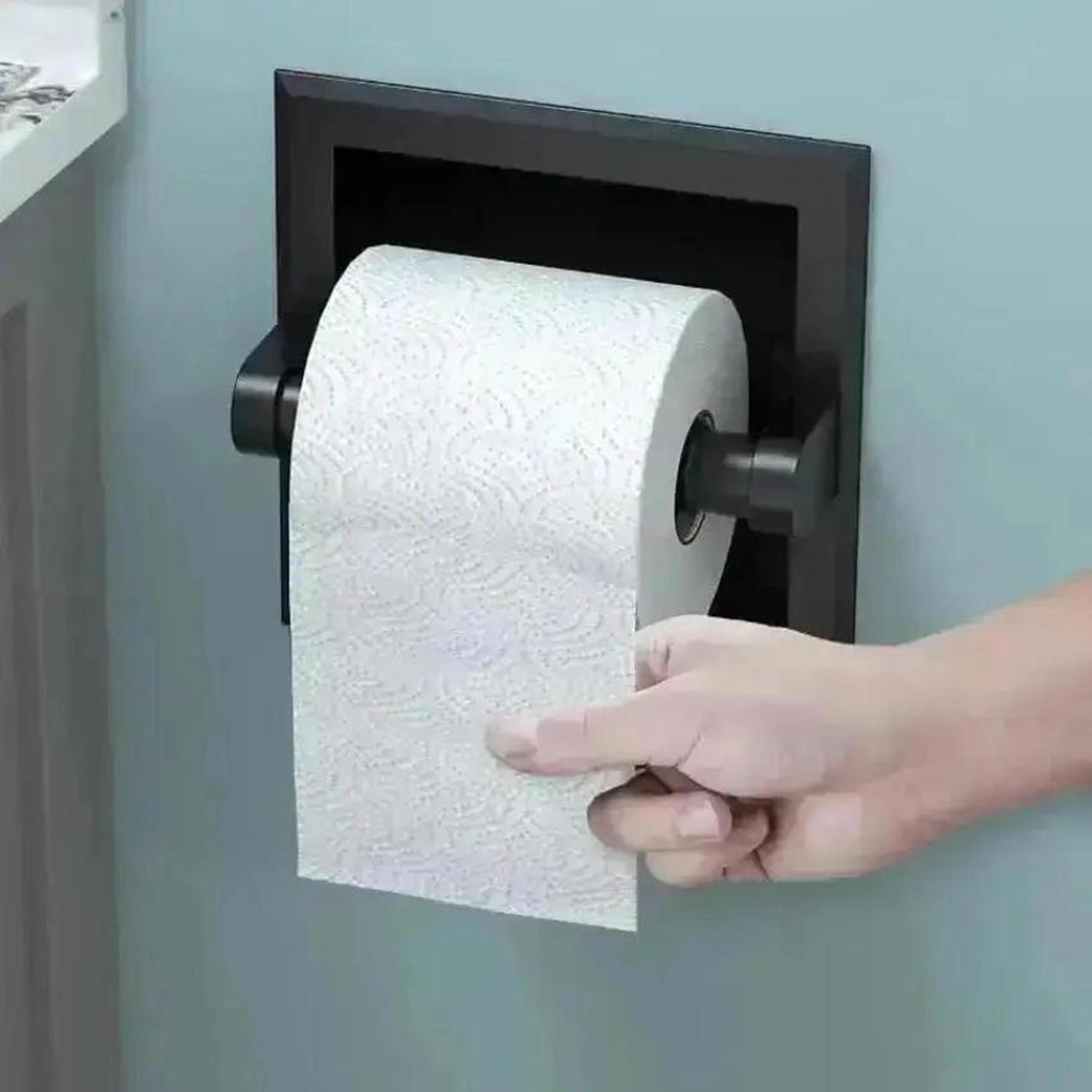 matte black recessed toilet paper holder with mounting bracket for modern bathrooms