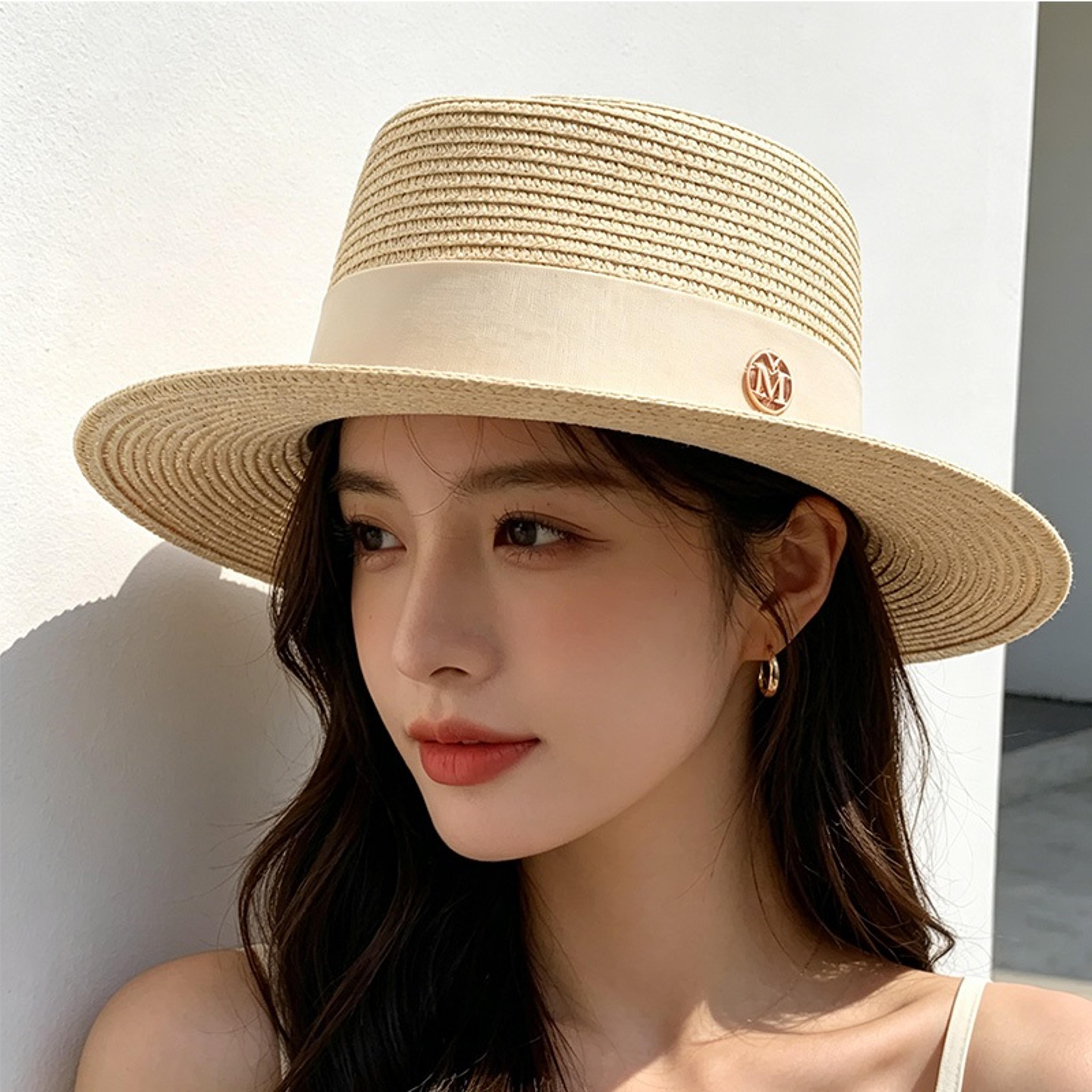 ribbon trim women's beach hat straw sun hat summer fedora for uv protection