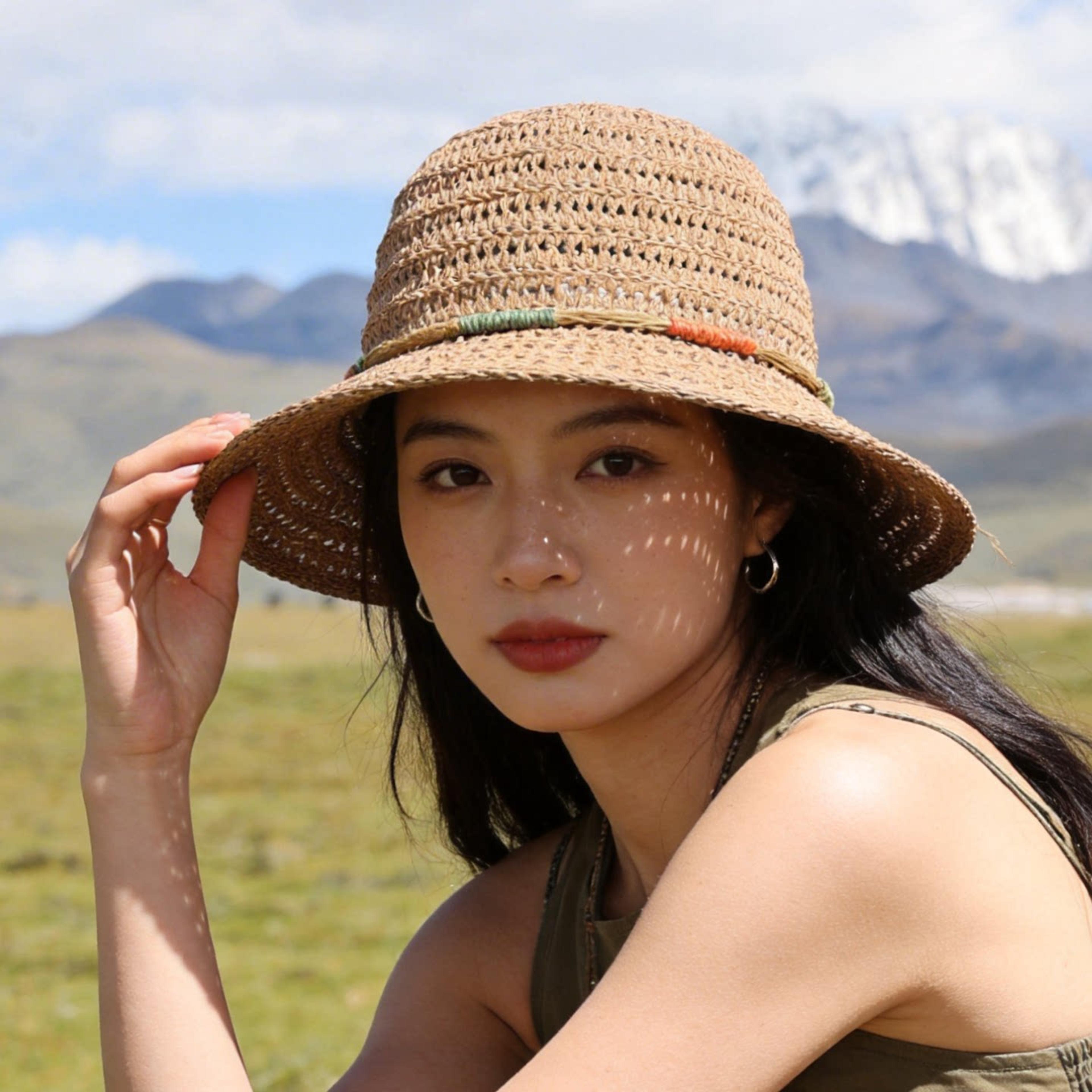 elegant women straw bucket hat wide brim uv protection crochet beach sun hat