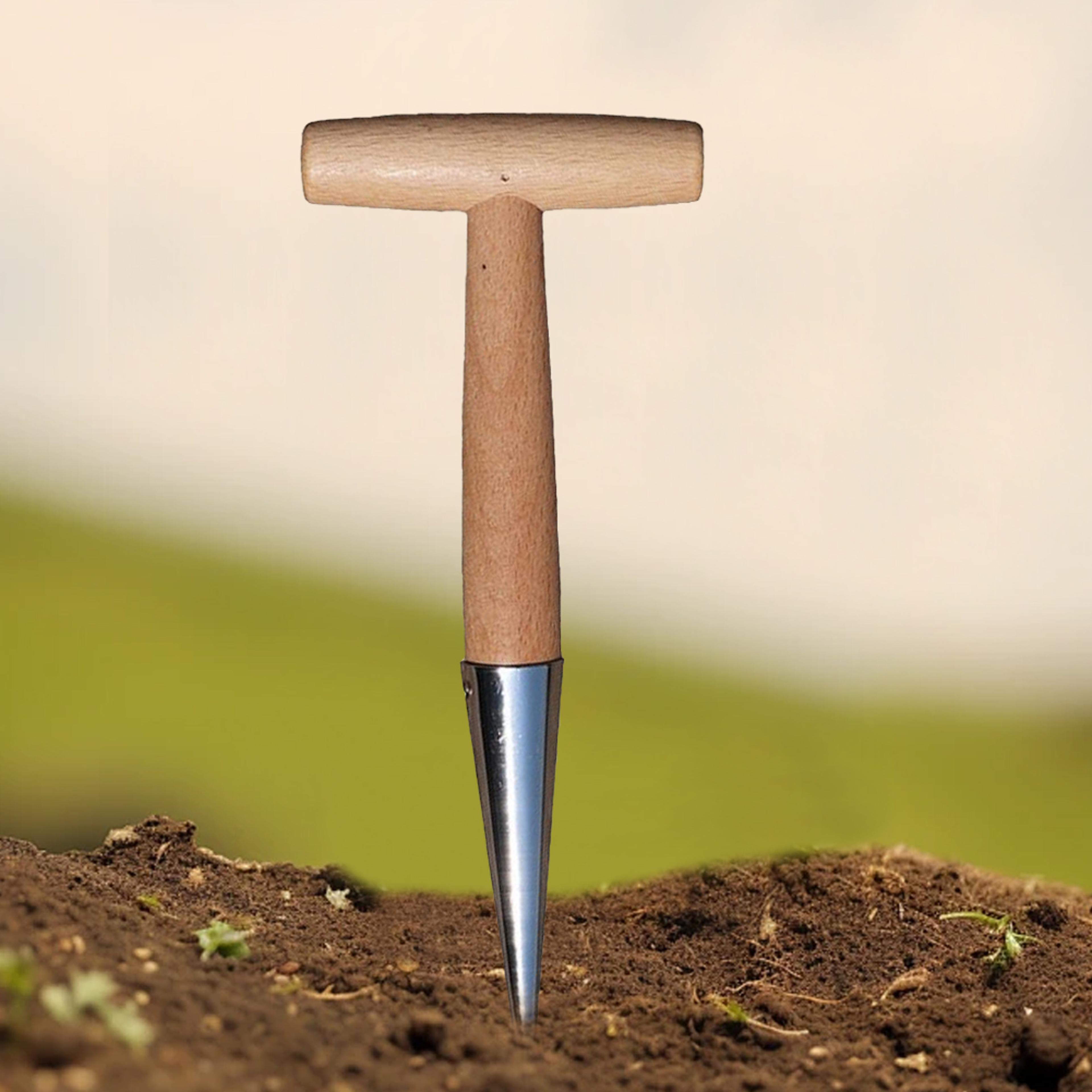 stainless steel garden dibber with wooden handle for bulb planting & seed transplanting