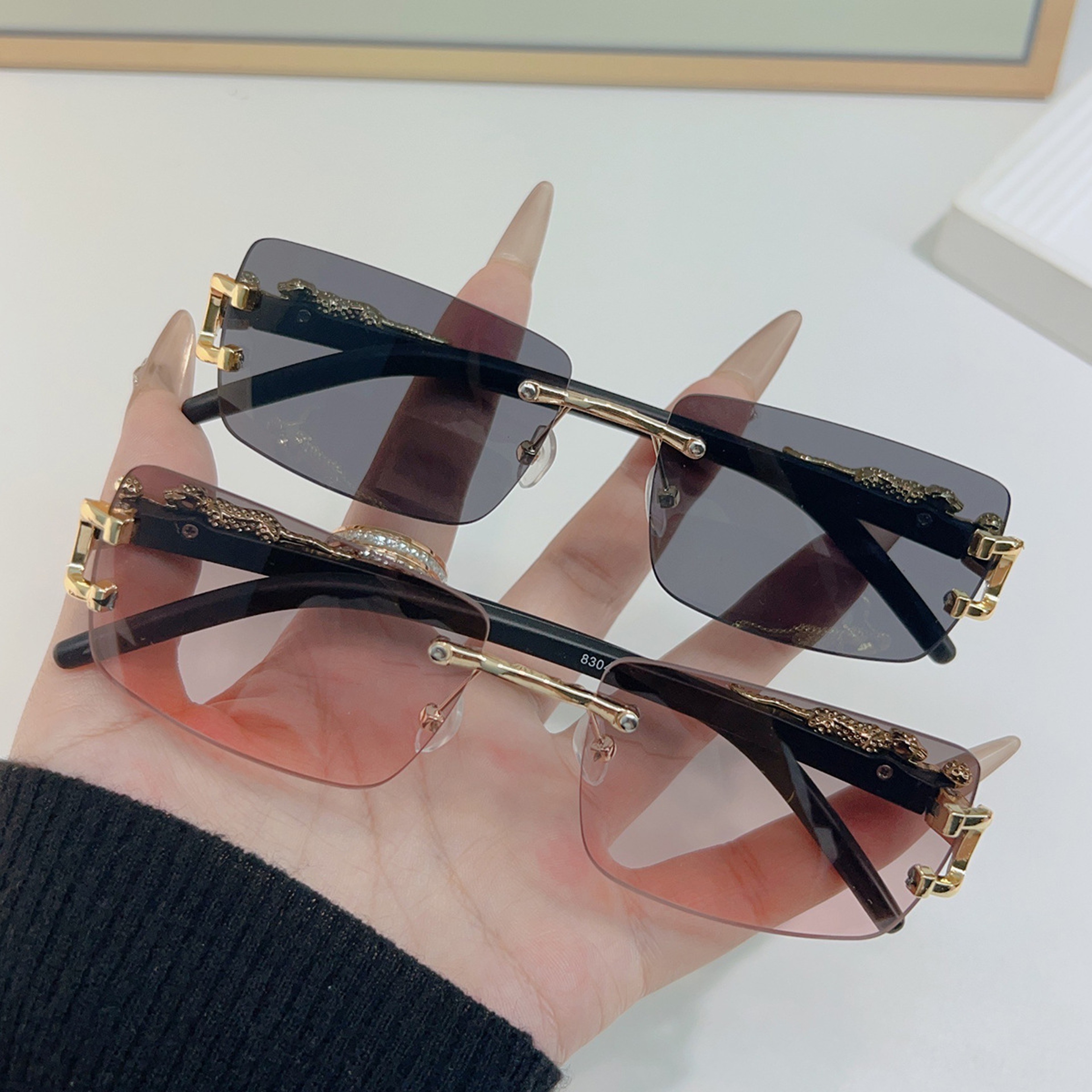 Rimless Geometric Leopard Sunglasses With Gradient UV Protection Lenses 2