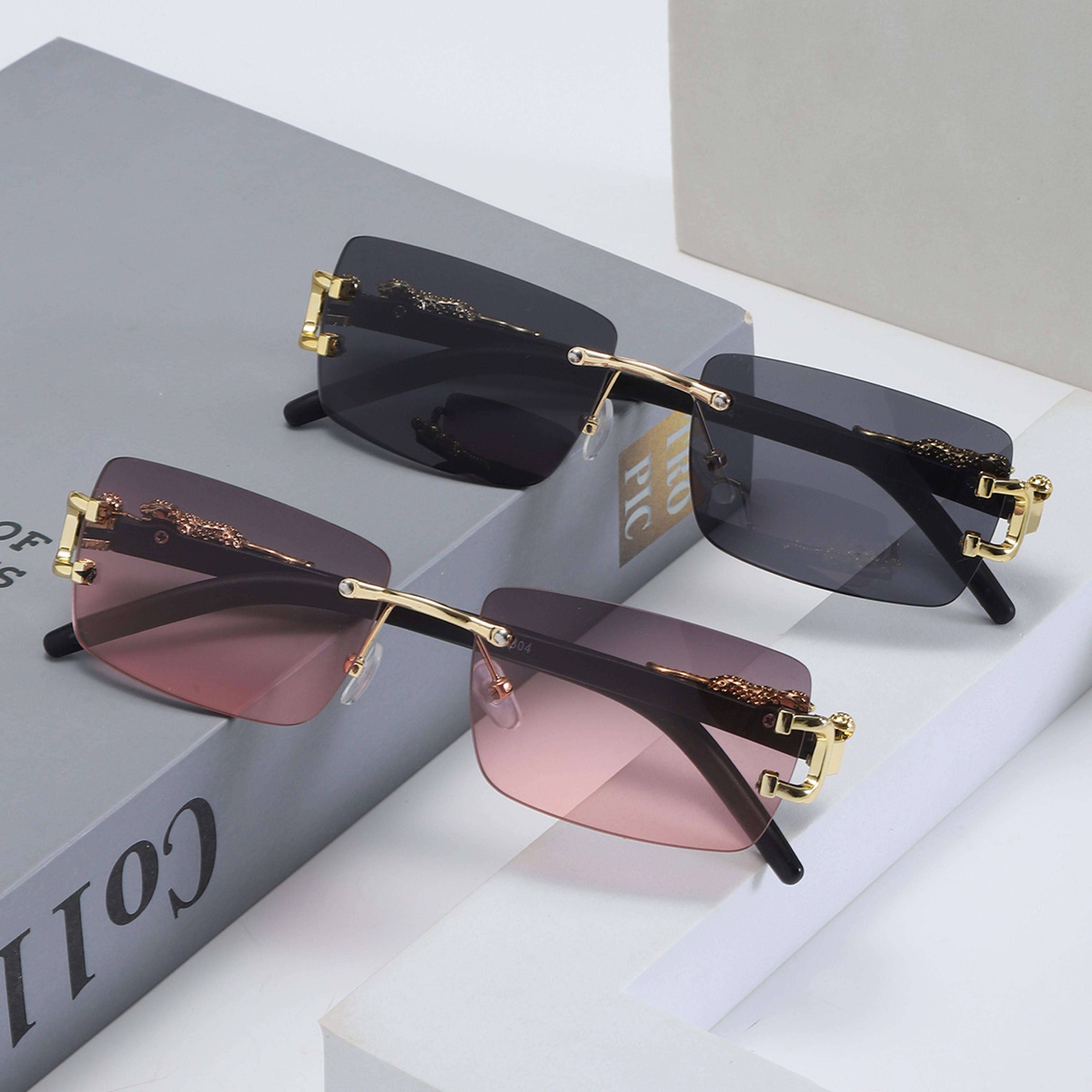 rimless geometric leopard sunglasses with gradient uv protection lenses