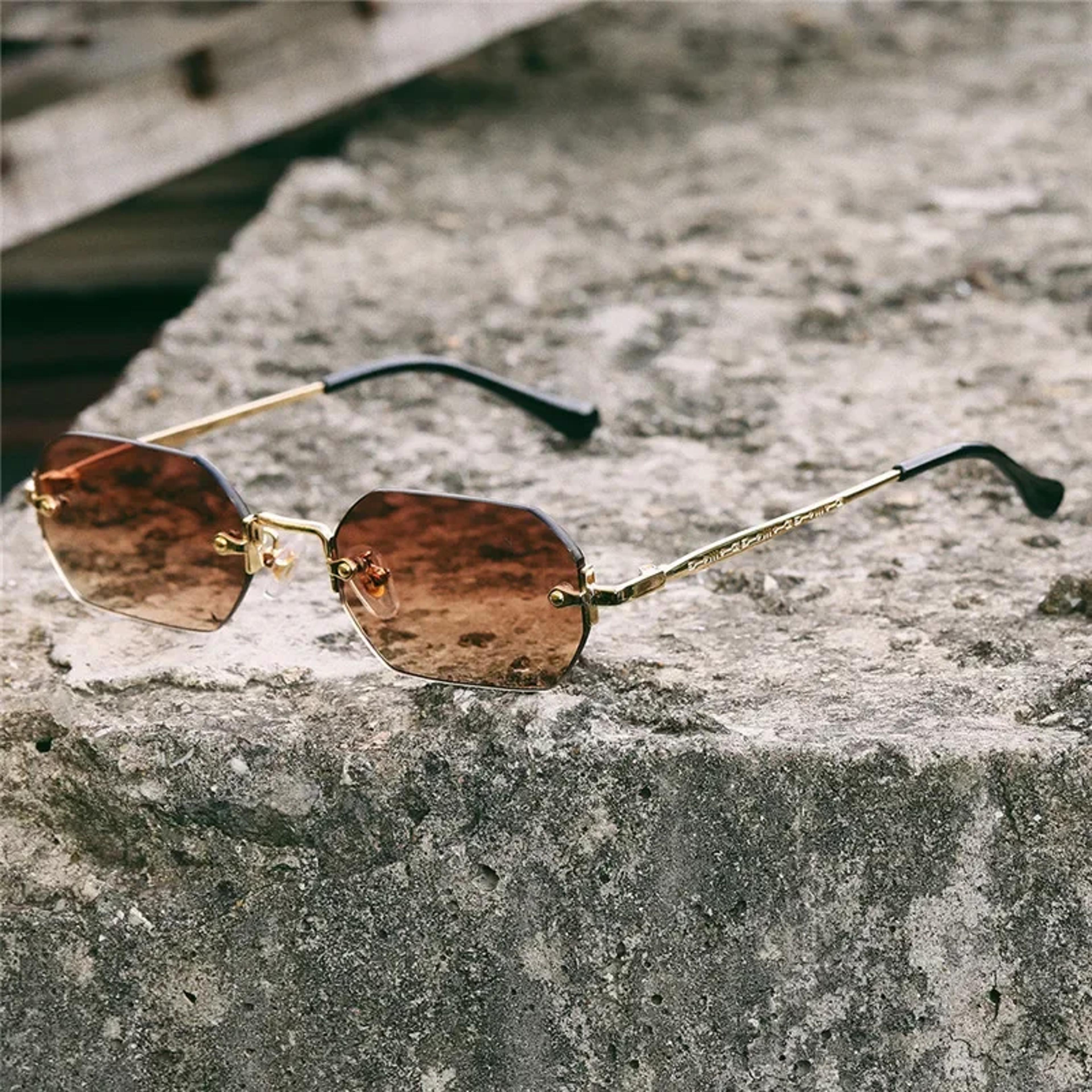 vintage rimless polygon sunglasses for women & men small frame fashion eyewear