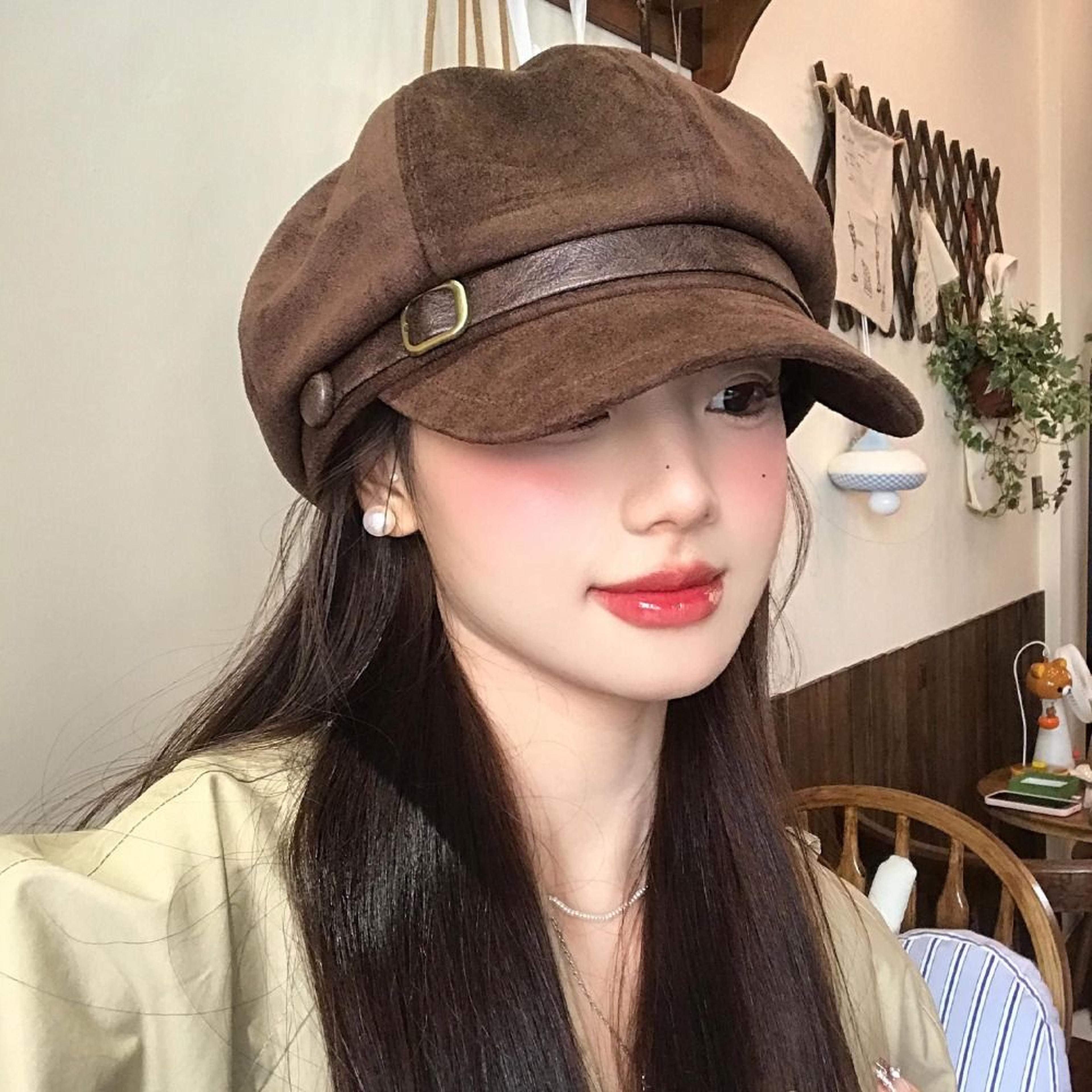 vintage pu leather beret british style women's newsboy cap with buckle