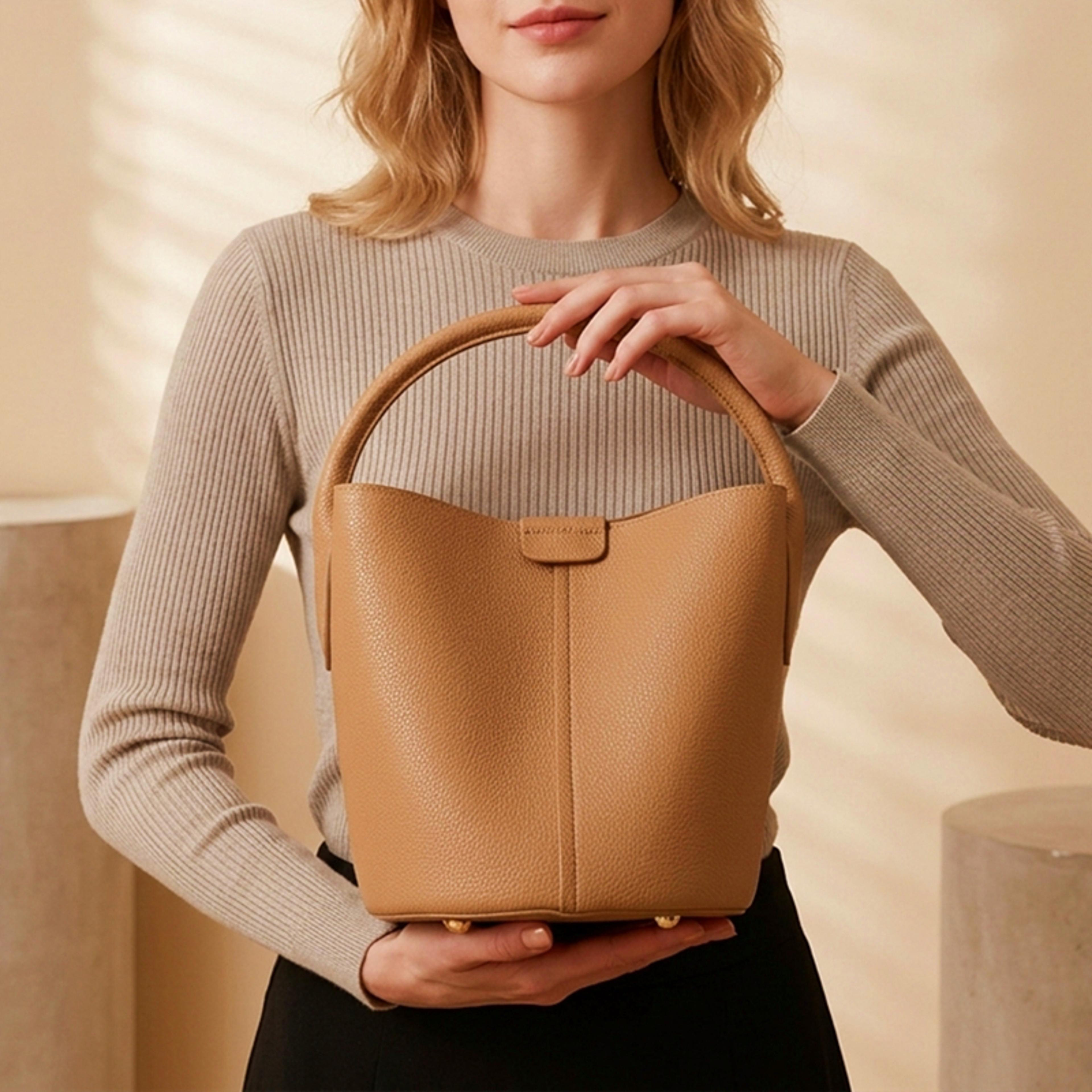 luxe genuine leather bucket bag for women premium cowhide shoulder bag crossbody office tote