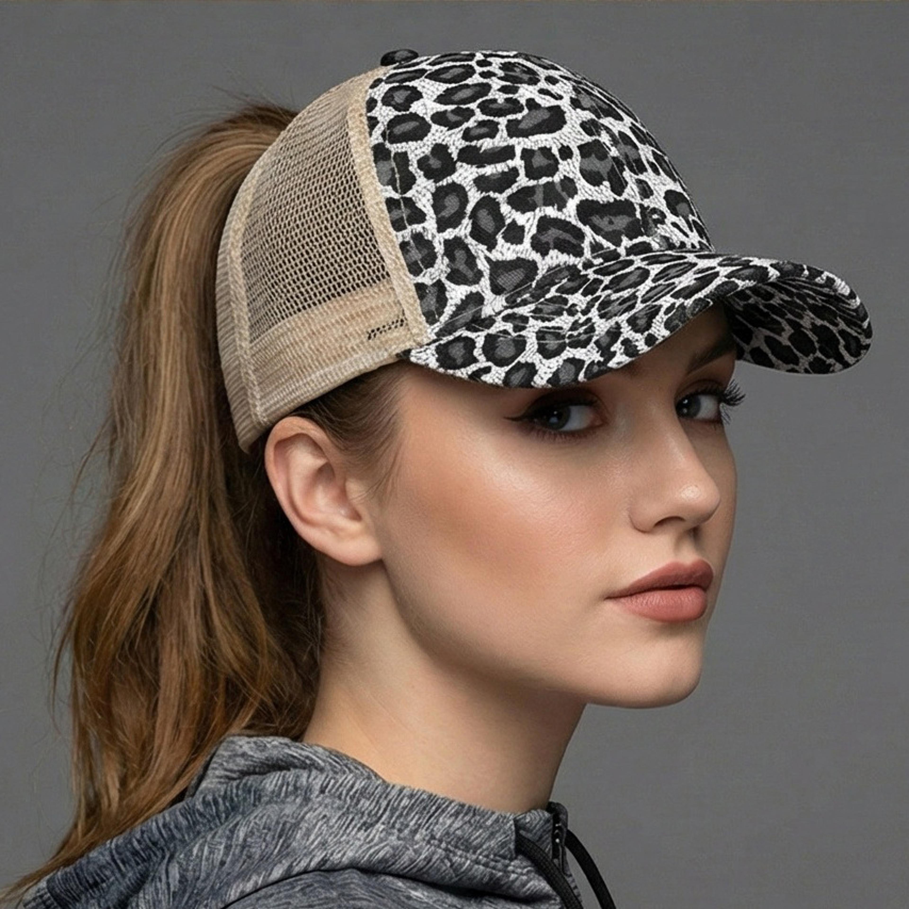 leopard print high ponytail baseball cap with mesh back and uv sun protection