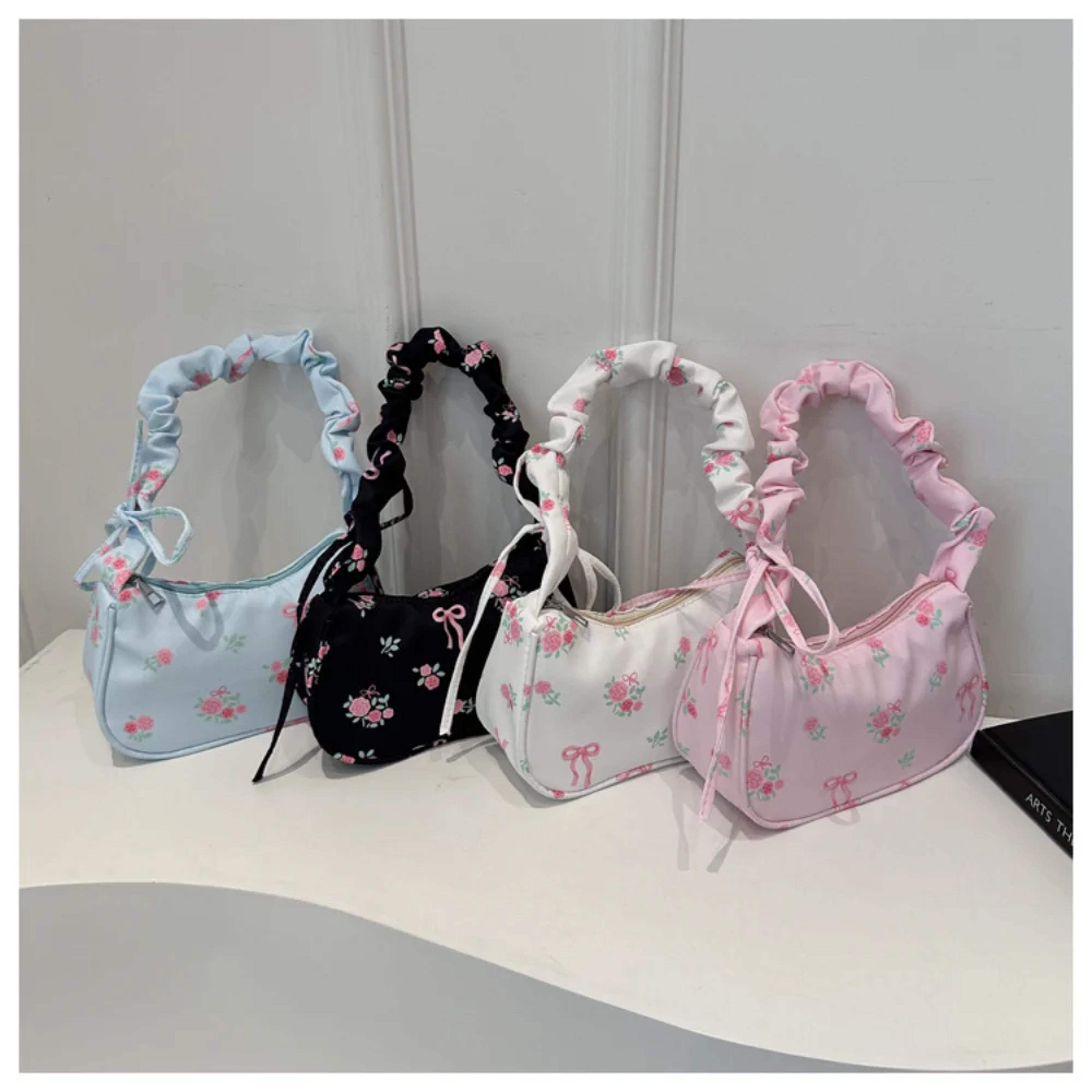 y2k shoulder bag korean style floral canvas tote with bow and zipper