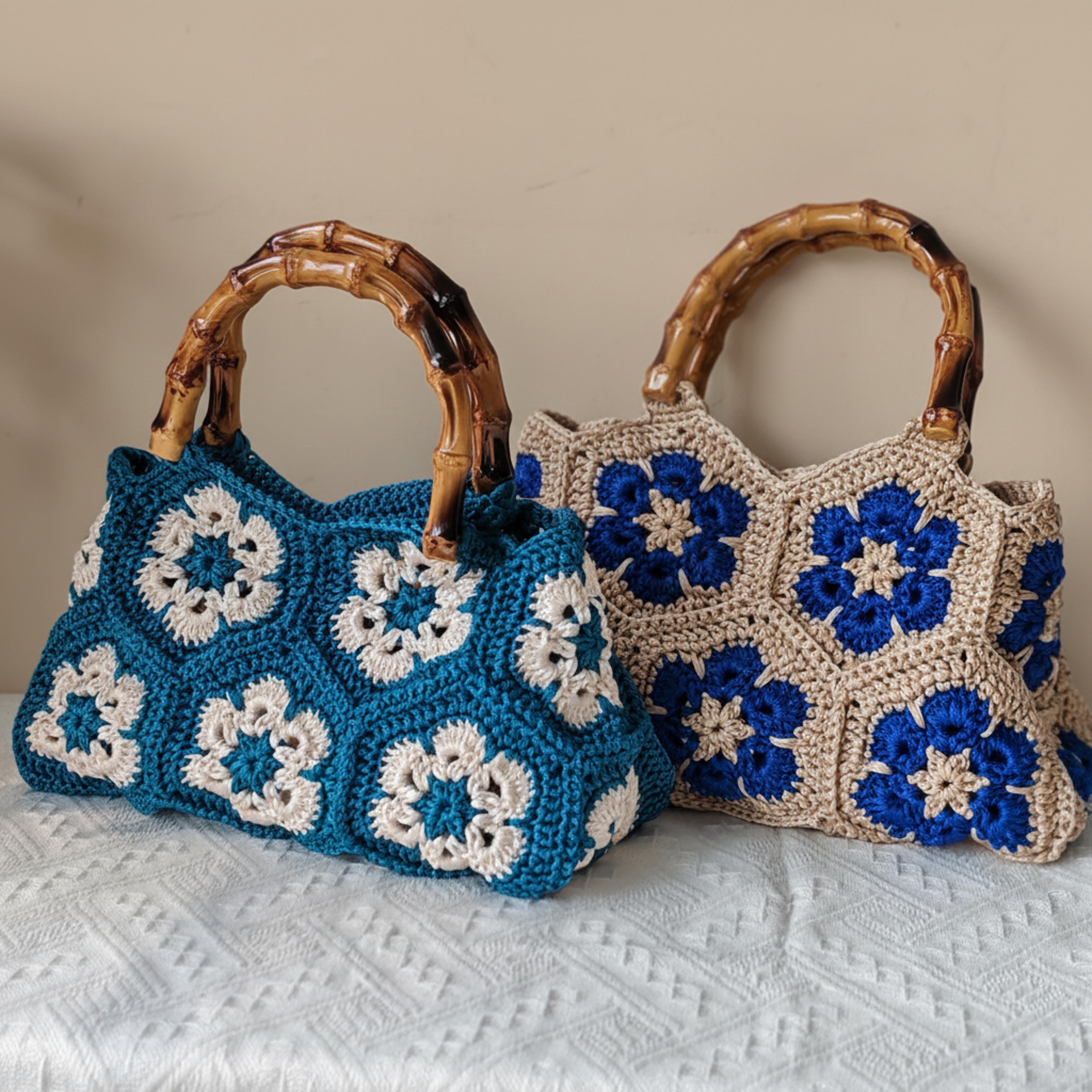 handmade crochet tote bag with bamboo handle vintage granny square shoulder purse