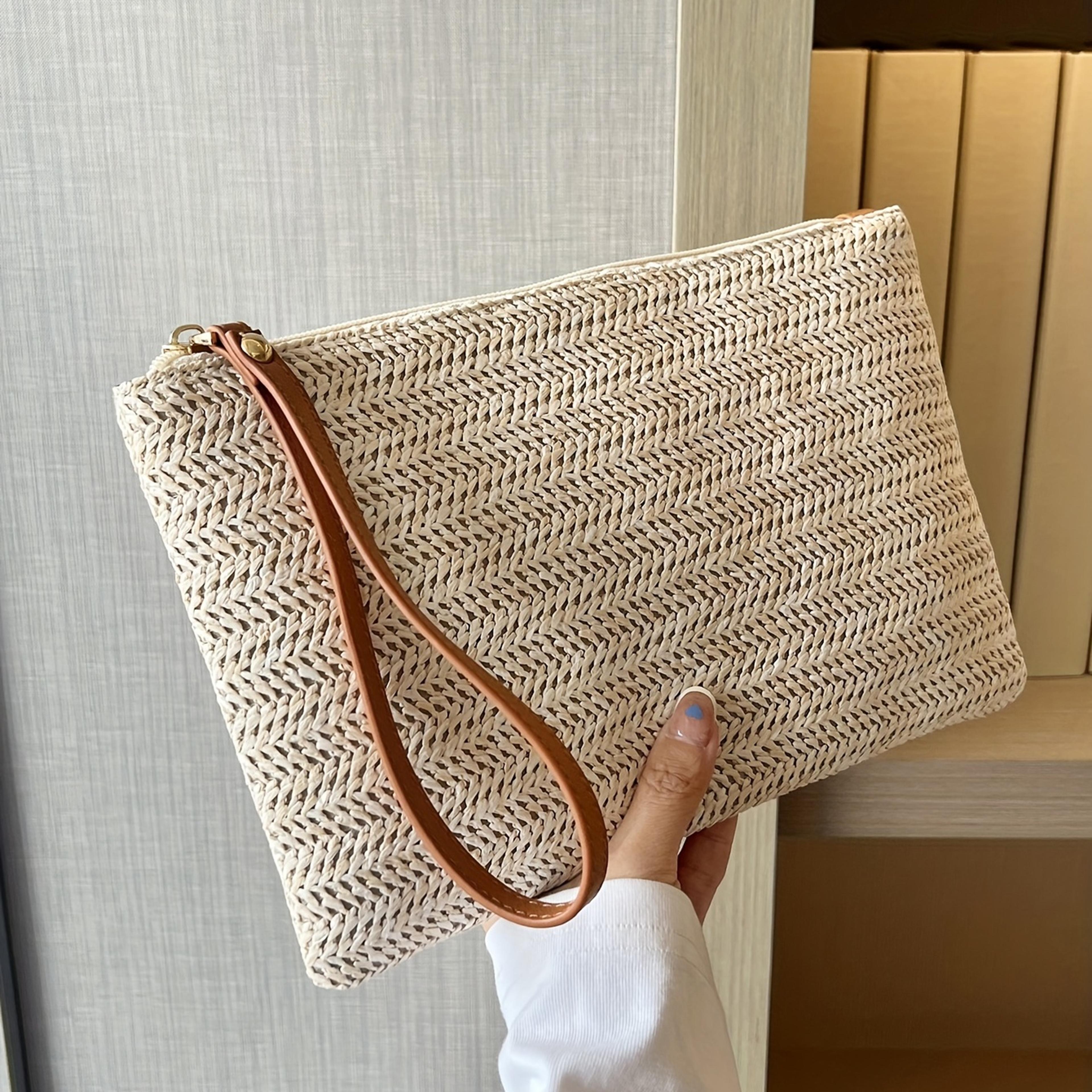 summer straw clutch bag woven zipper handbag for beach, travel & everyday style