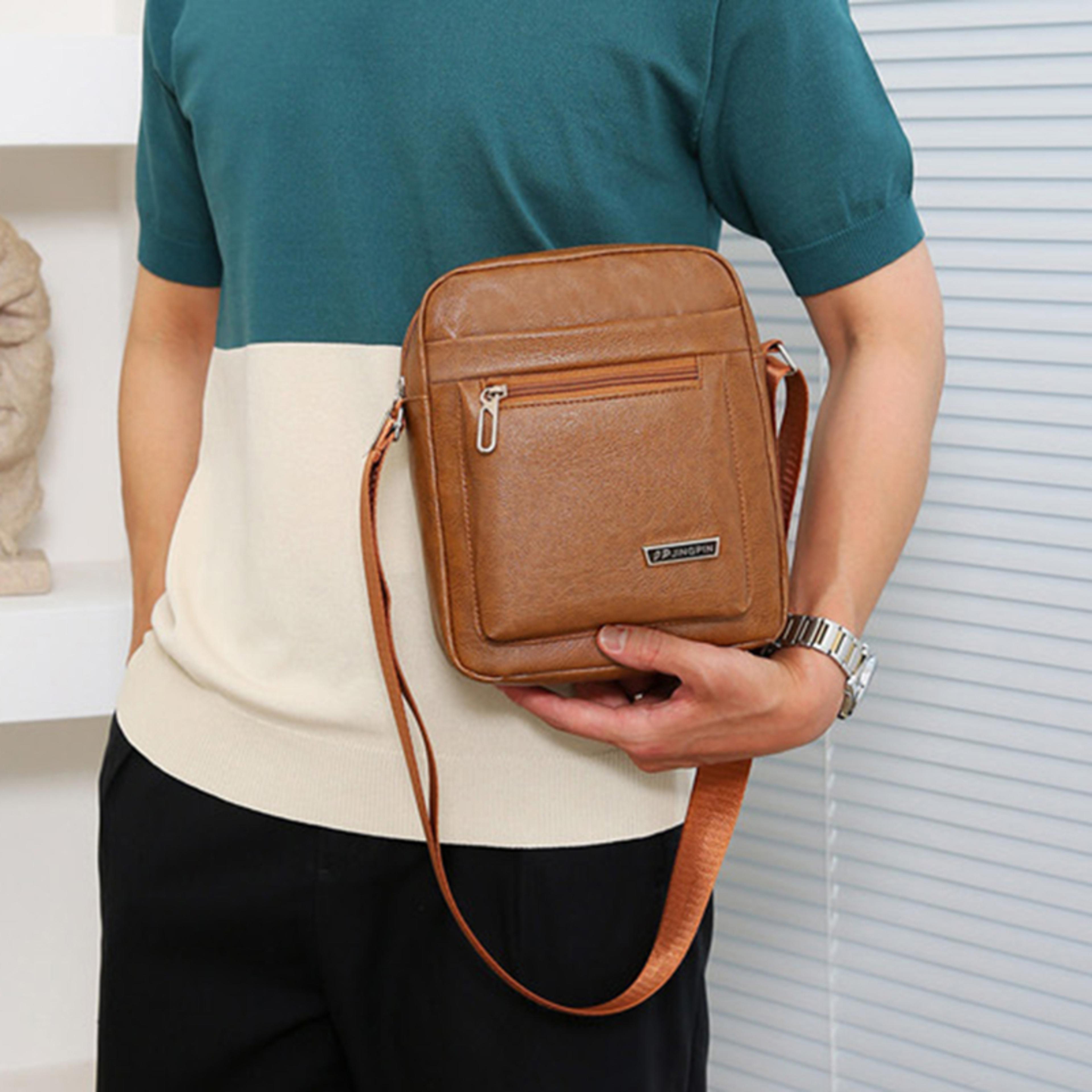 mens waterproof pu leather crossbody messenger bag compact everyday shoulder bag