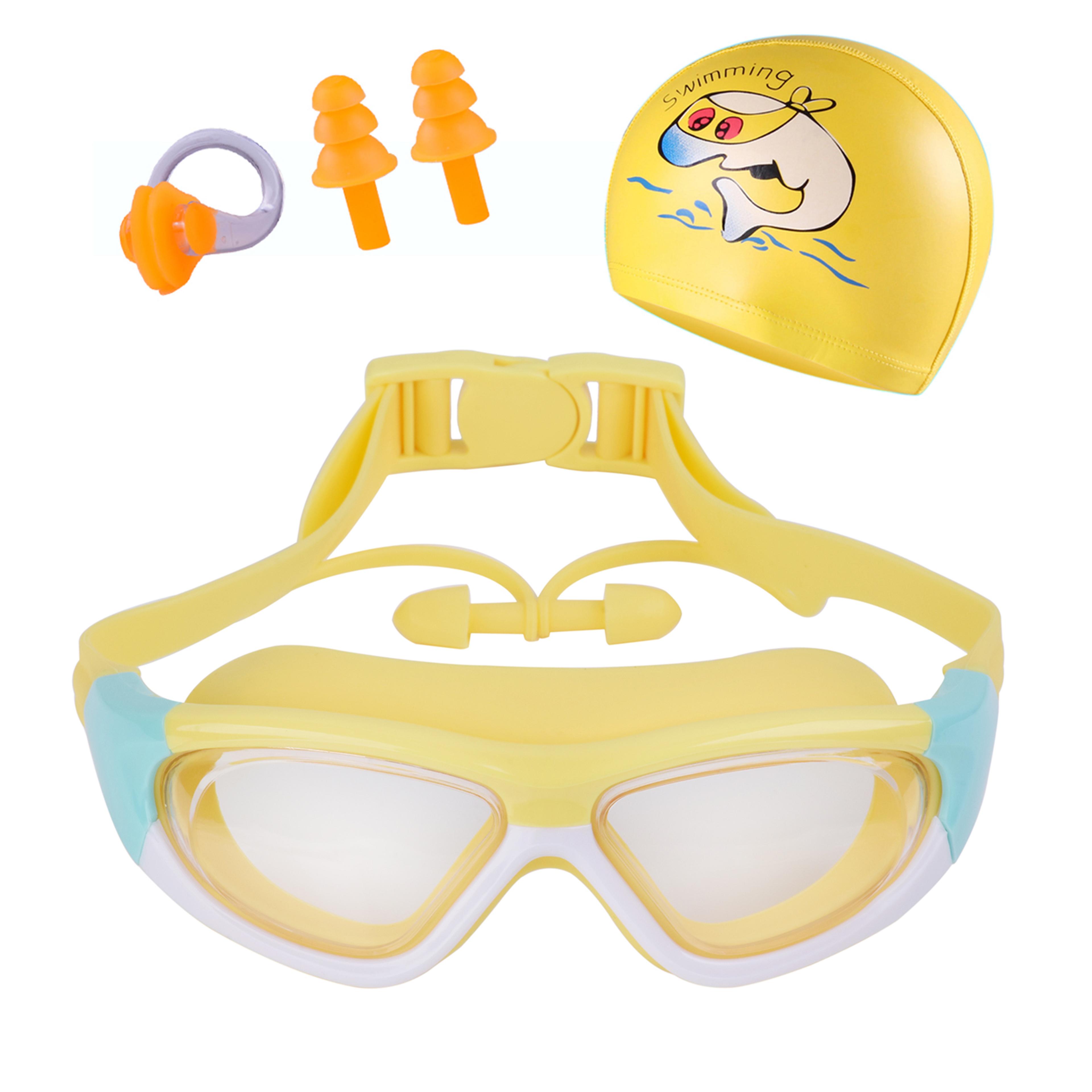 kids anti fog swimming goggles with wide view lens and waterproof earplugs
