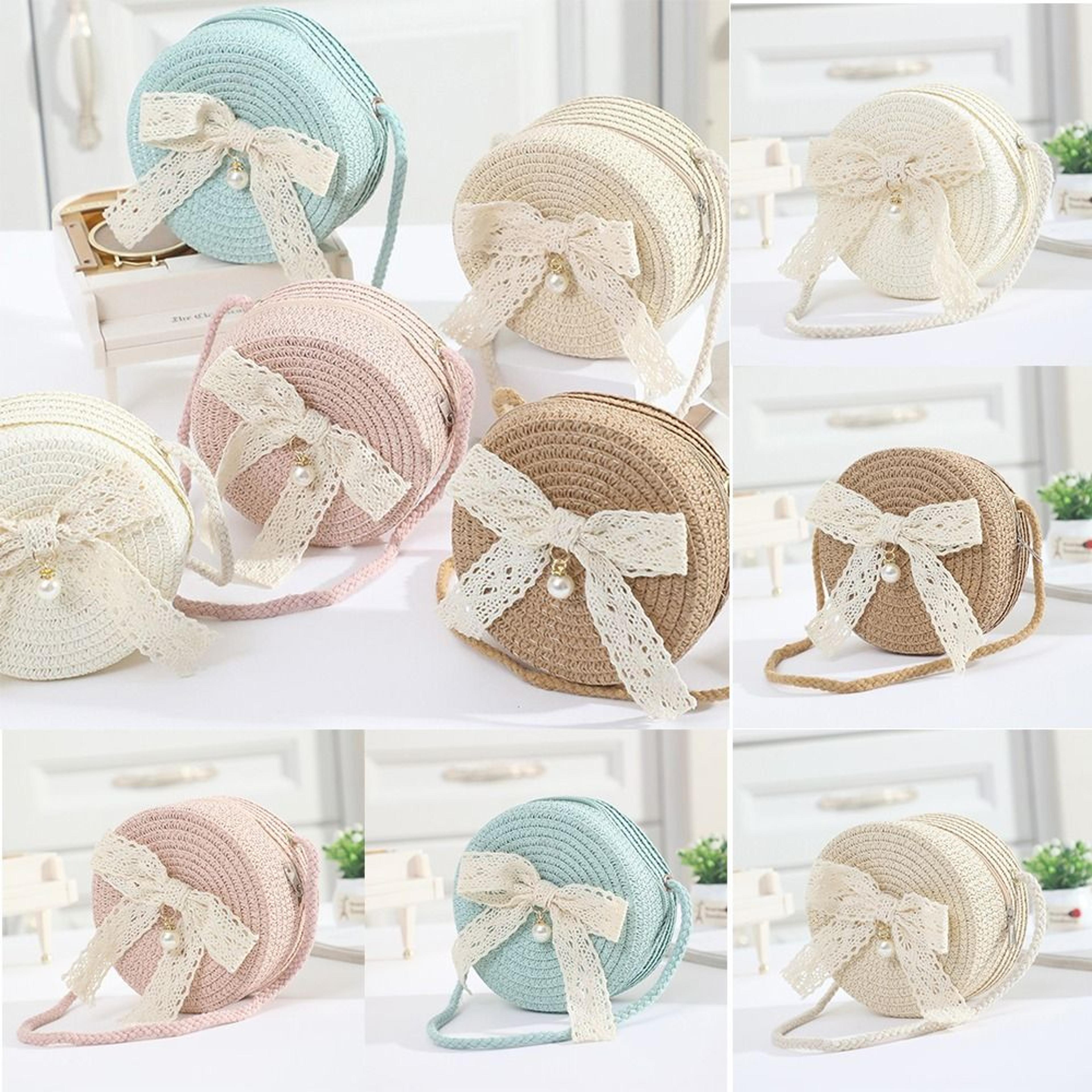 kids straw bag with lace bow lightweight girls crossbody purse for summer beach adventures